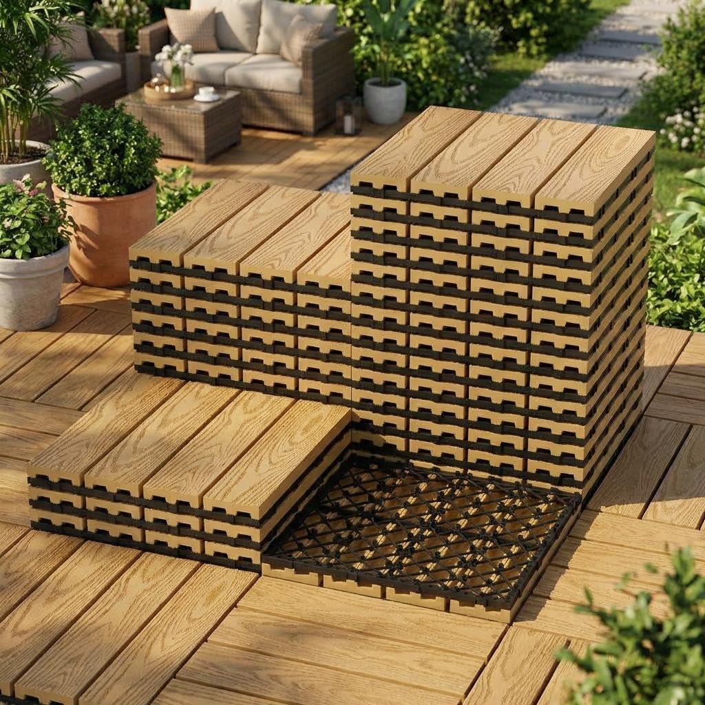 Decking Tiles 27 Packs, 30 x 30 cm Waterproof Interlocking Flooring Tiles, All Weather Use Garden Deck Boards for Indoor Outdoor, Patio Deck Flooring for Balcony,Terrace,Backyard, Hot Tub