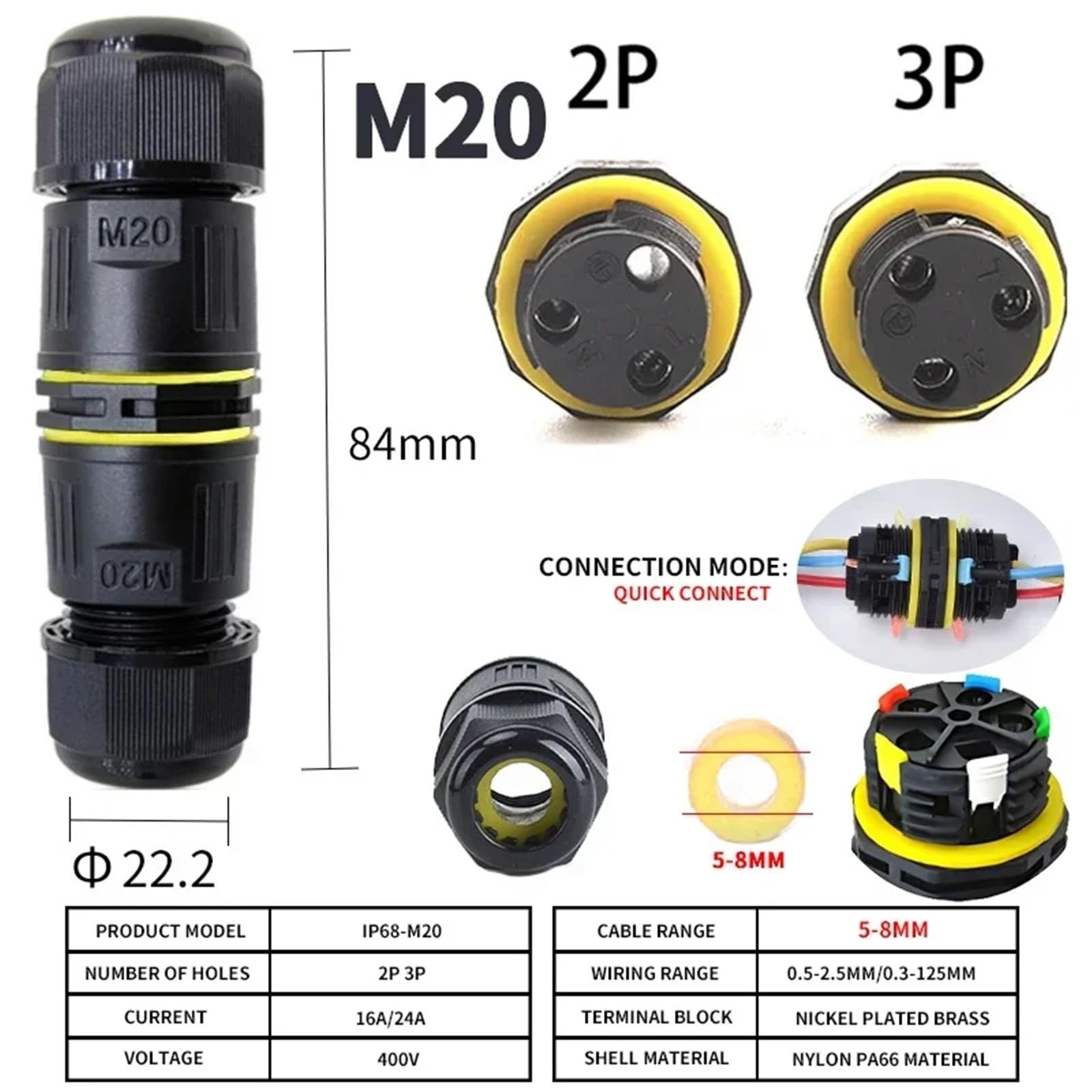 Kabelverbinder für den Außenbereich, wasserdicht, IP68, M16, M20, M25, für Kabelbereich Ø 3,5 – 14 mm, 2 Wege (M20 5-8 mm, 10 Sets, 3P)
