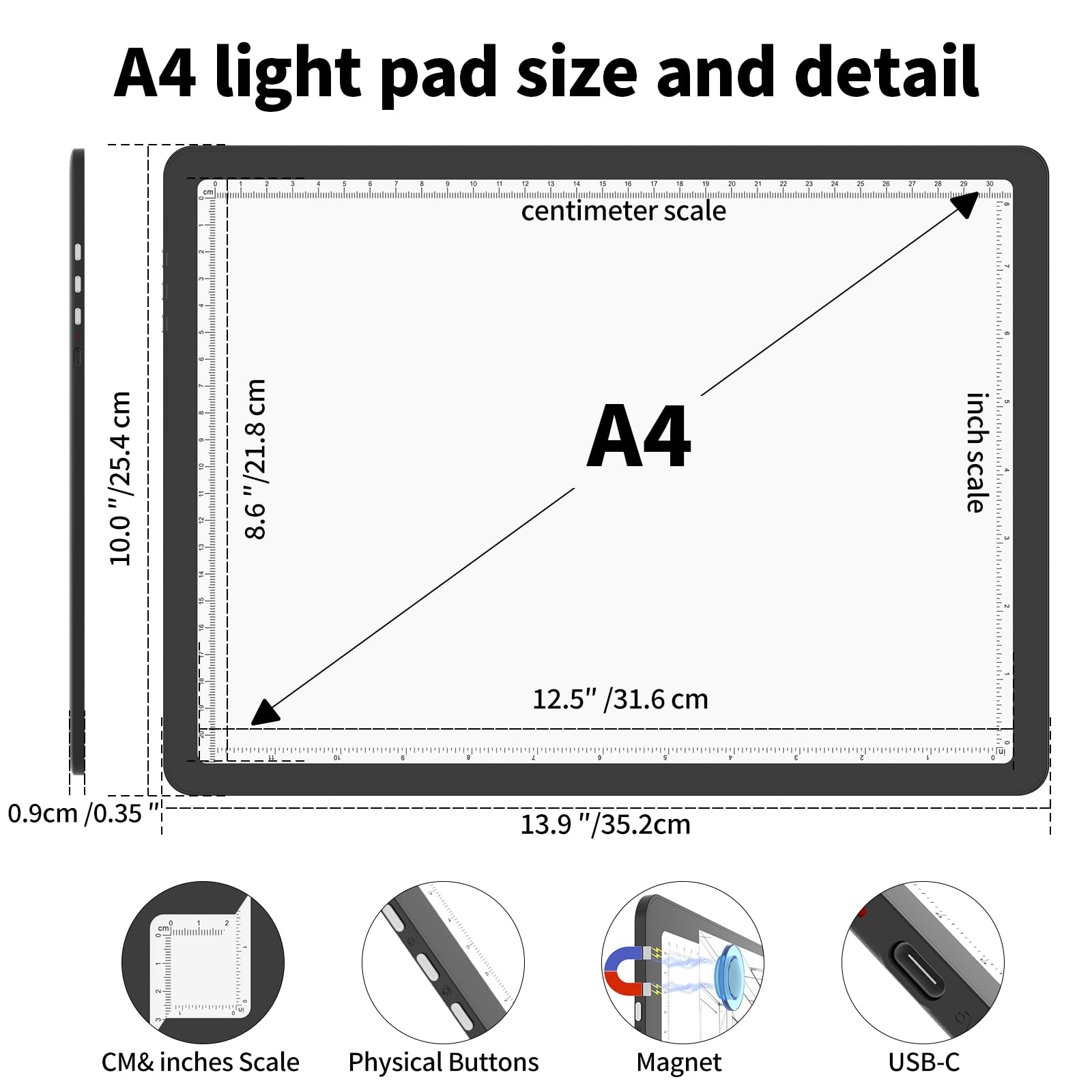 Heanolier Wiederaufladbarer A4-Lichtkasten-Zeichenblock, 9000 Lux, helles magnetisches Lichtpad, dimmbarer Leuchtkasten, 3 Farbmodi, Leuchttafel für Diamantmalerei, Leuchttisch zum Skizzieren, Tattoo