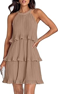 Women's 2025 Summer Halter Dresses Sleeveless Ruffle Tiered Layered Chiffon Pleated A Line Swing Mini Dress - Buy now