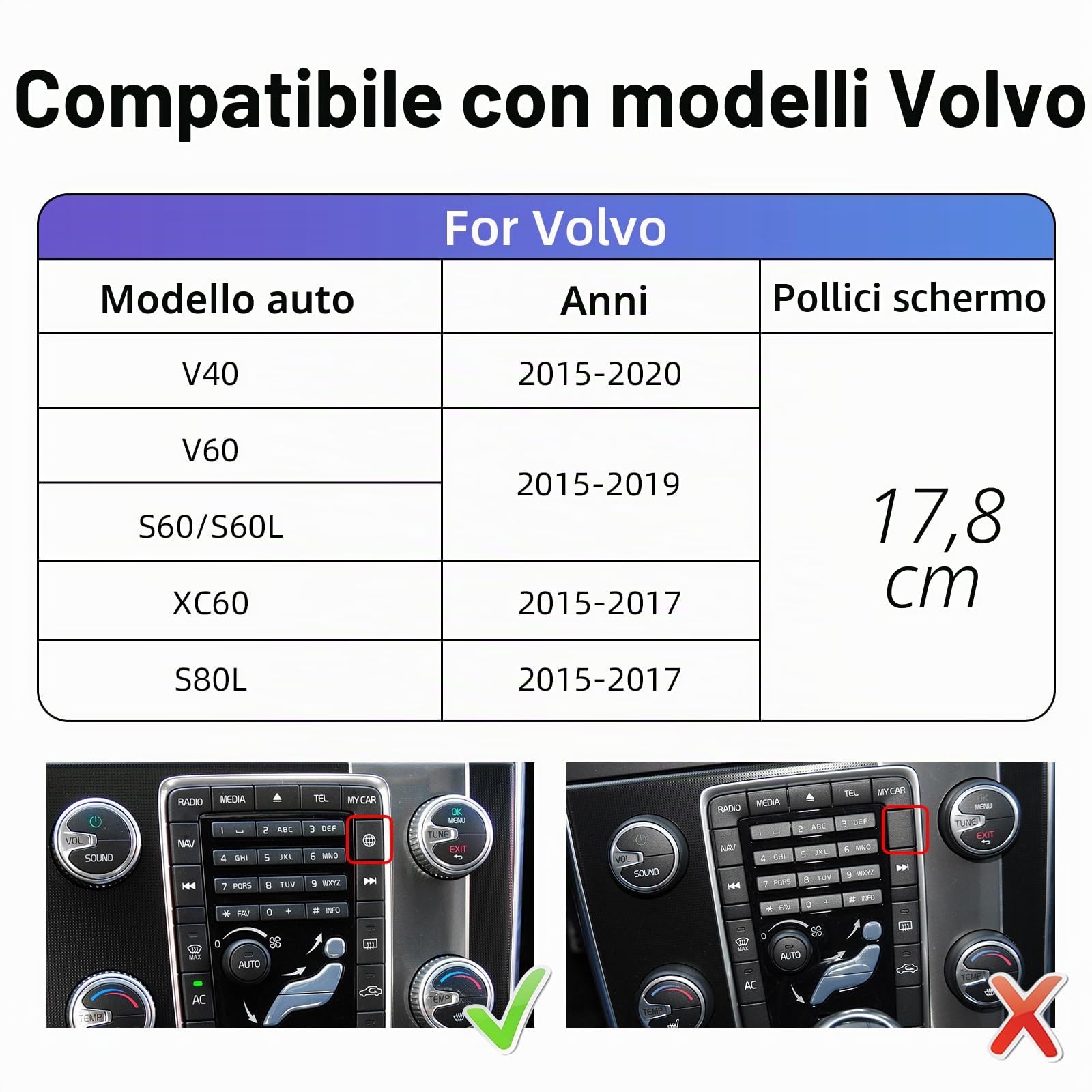 Decoder Box CarPlay Wireless per Volvo 2015-2018 con Schermo 7 Pollici | Supporta Android Auto via cavo o wireless Bluetooth WiFi navigazione GPS e controllo fabbrica per V40 V60 S60 XC60 S80 Plug