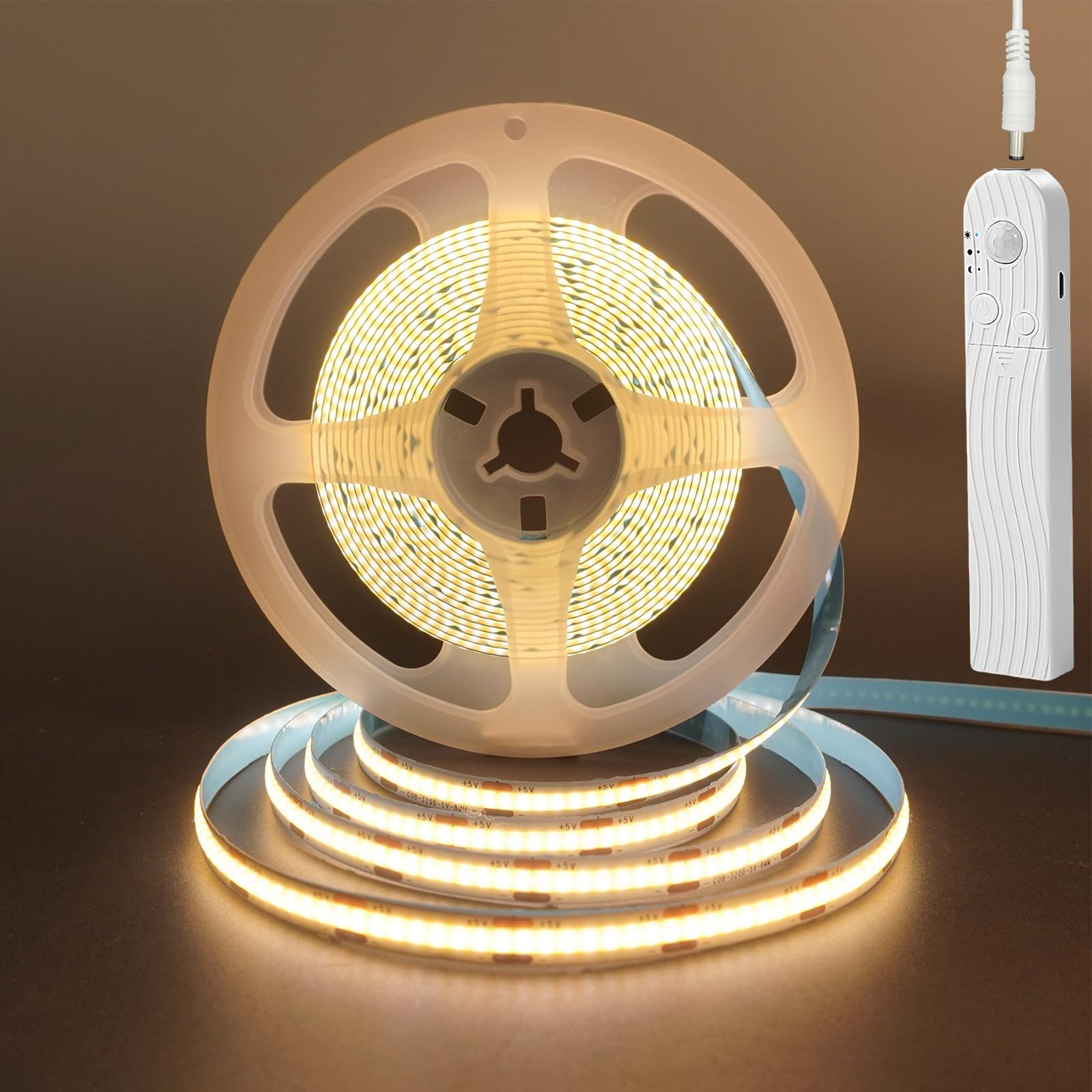 5V Motion Sensor Dimmable USB Rechargeable COB LED Strip Lights,Built-in 1500mAh Battery,Three Modes,9.84FT/3M,Warm White 3000K,320LEDs/M,Night for Closet,Wardrobe,Bed,Stairs,Kitchen