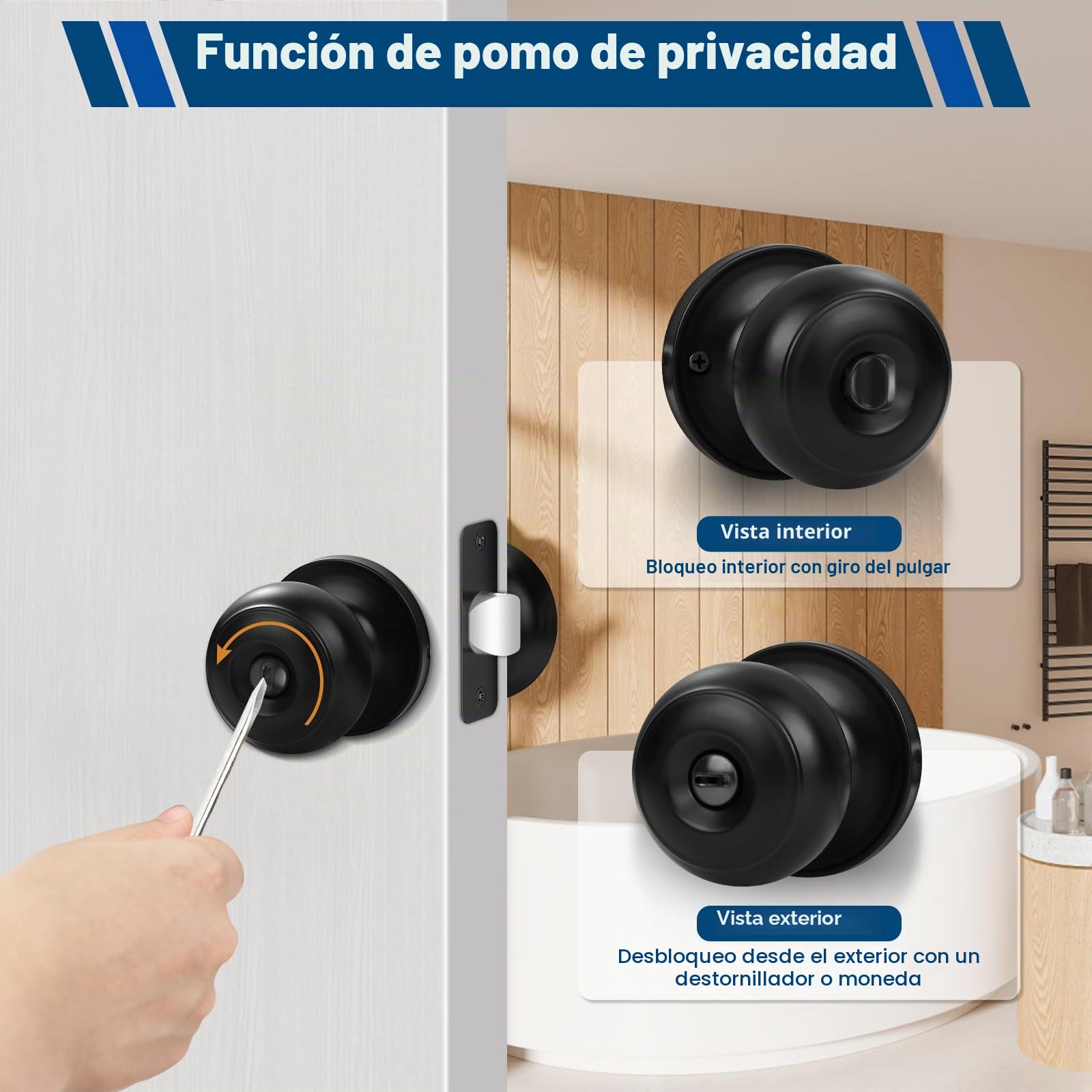 Estmoon Paquete de 5 pomos negros para puerta interior, para dormitorio, baño, privacidad, bola redonda