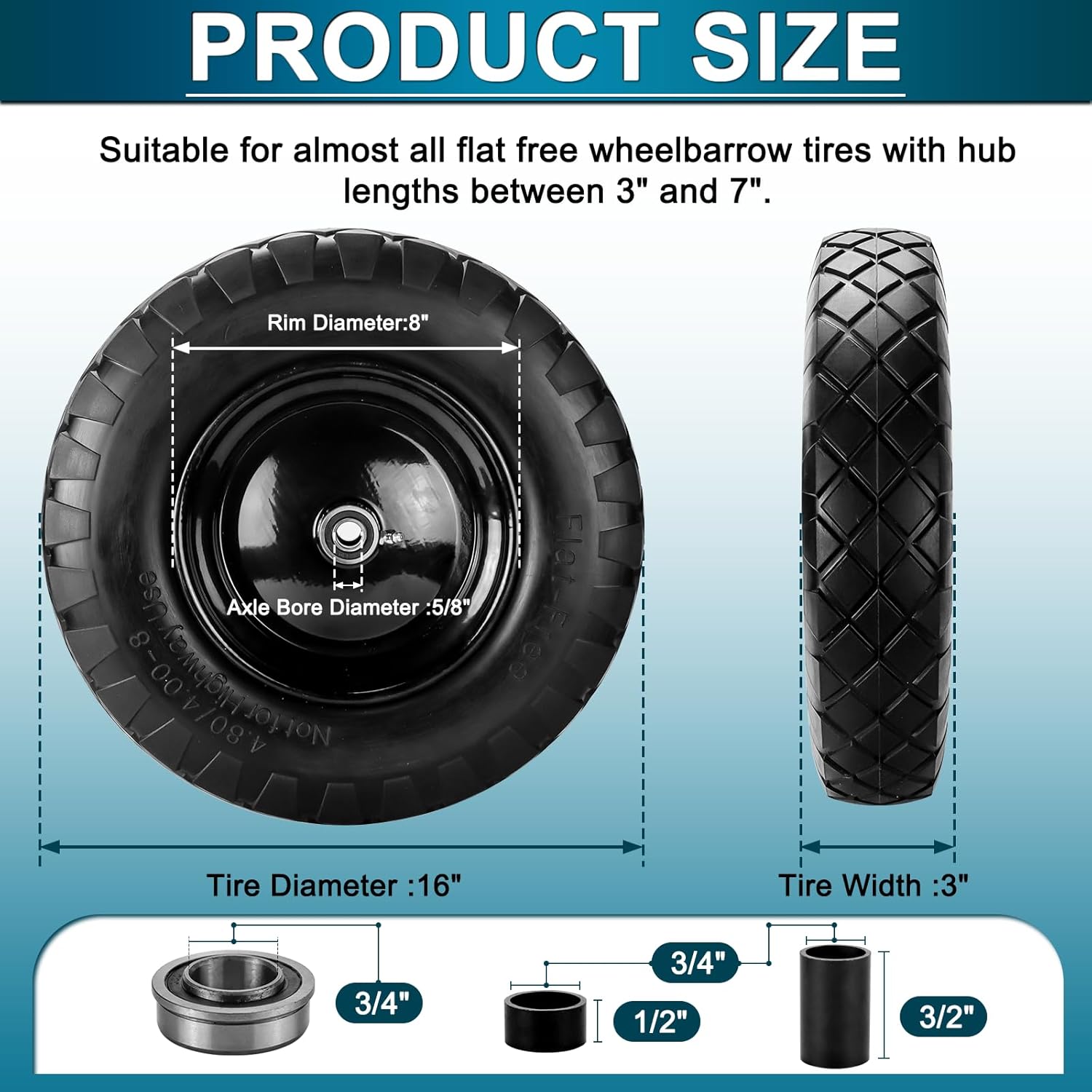 Cenipar 4.80/4.00-8" Flat-Free Tire and Wheel, 16" Solid Wheelbarrow Tires with 5/8" or 3/4" Bearings, 3-7" Centered Hub 4.80/4.00-8 Tire and Wheel for Wheelbarrow Garden Trolley and Wagons(Black) - Image 2