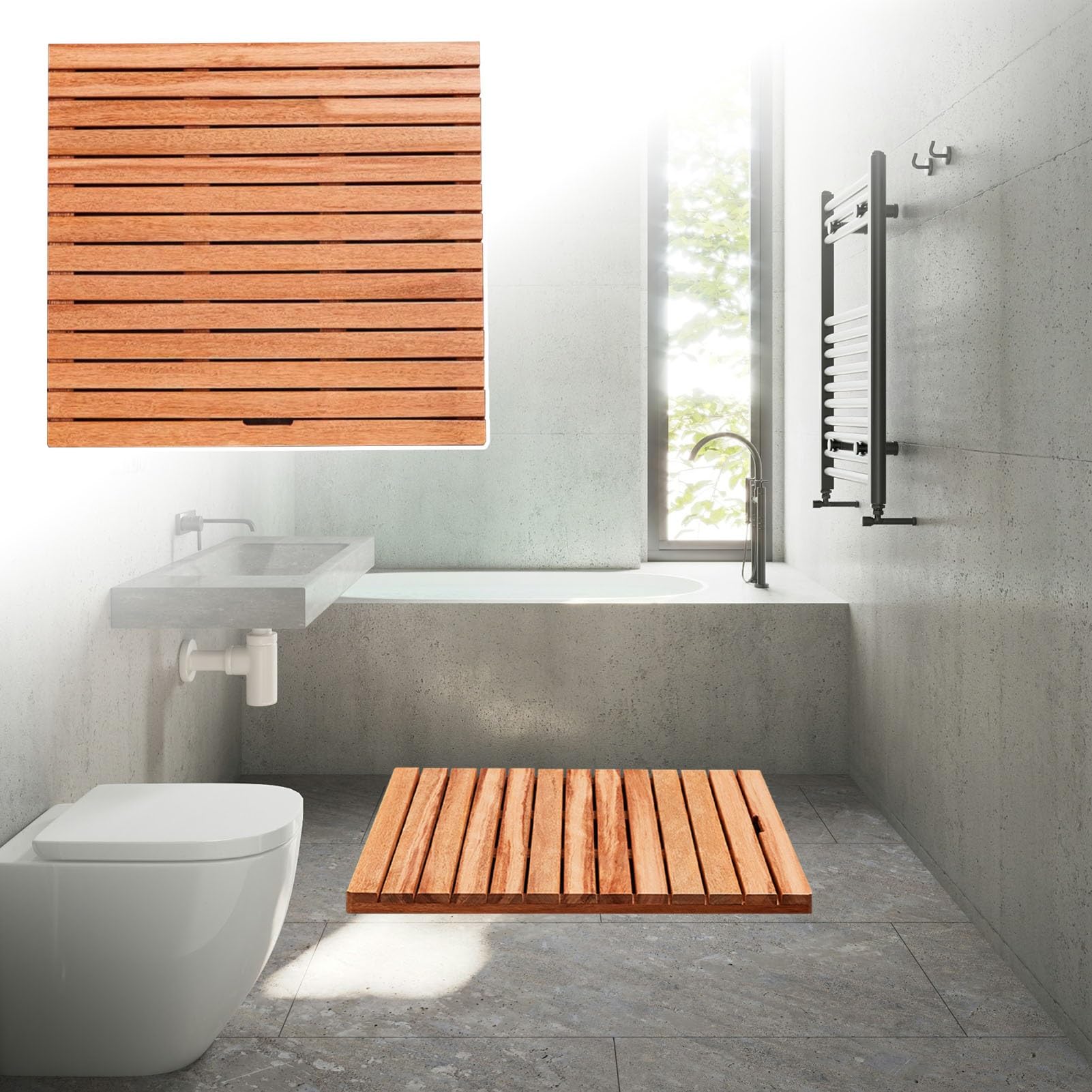 QIYFOZ Large Natural Wood Shower Mat - Waterproof, Non-Slip Bath Mat with Drainage for Sauna, Pool, Yard & Patio - 70cm x 100cm (27.5" x 39.4")