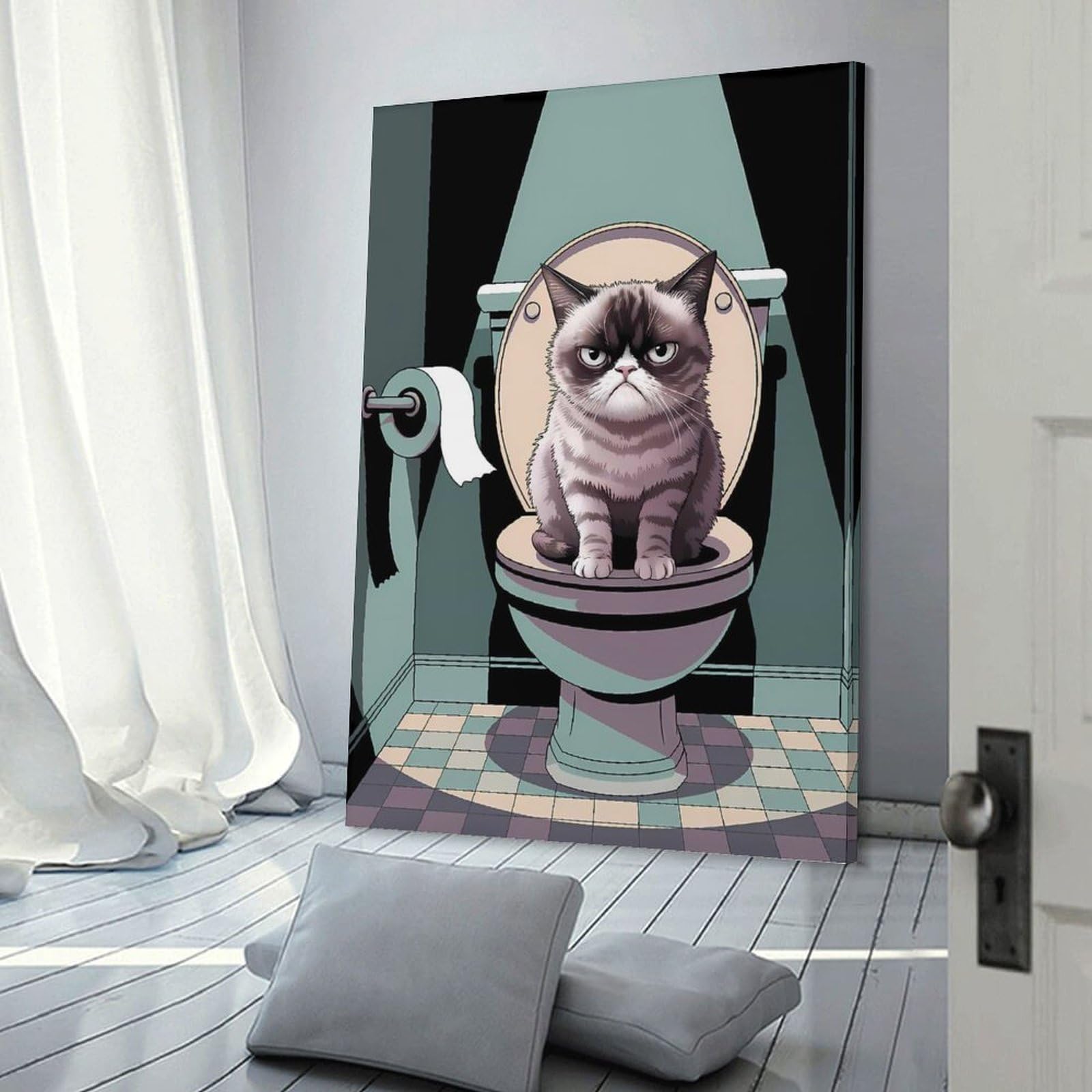 Junmoney Frame-Style-11 Cat On Toilet Bathroom Art Canvas Wall Art 08X12inch(20X30cm), For Workspace Walls, Study Corners Or Bedrooms, Wall Art That Adds Style To Work Areas