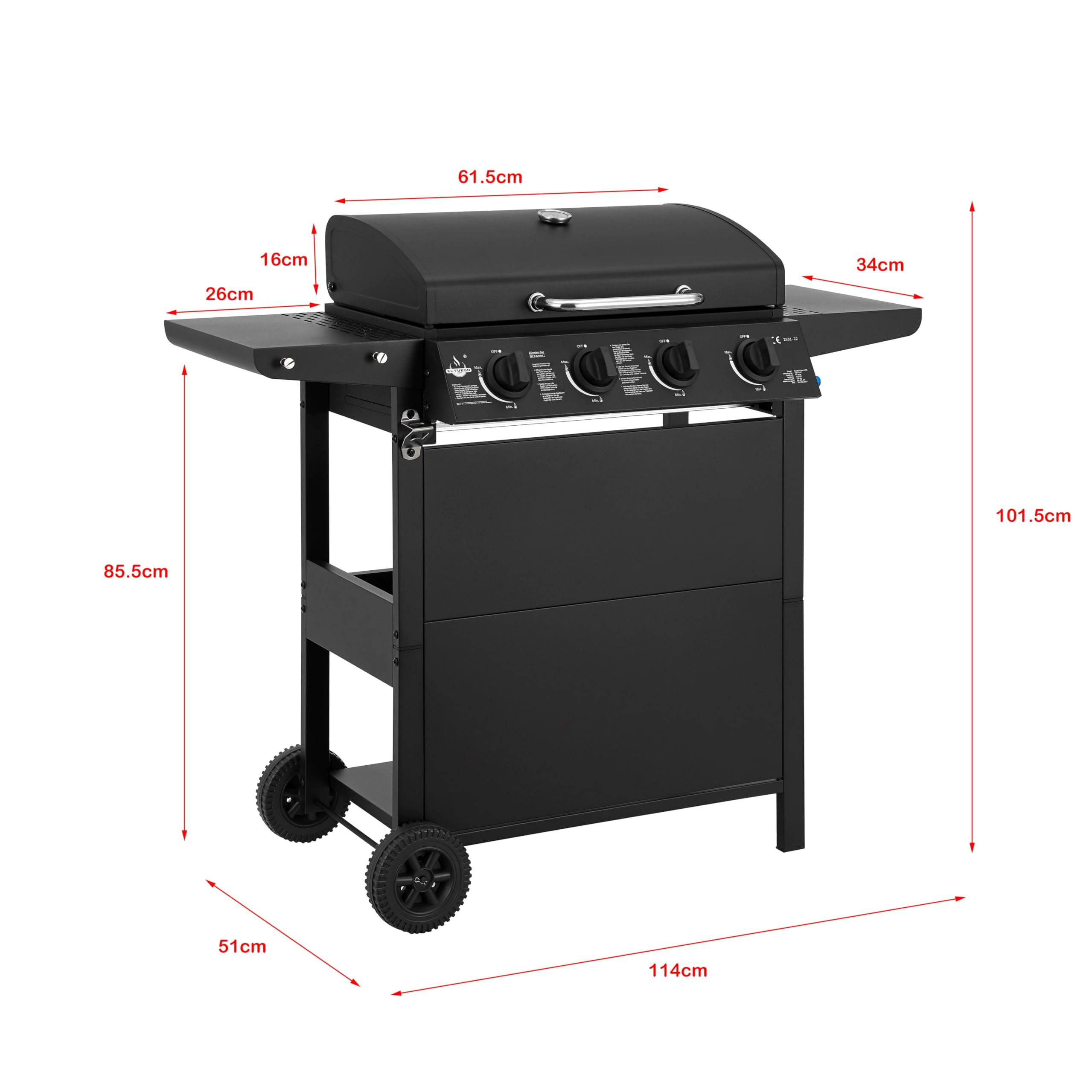 Gasgrill "San Jose 4 Brenner" von El Fuego® | inkl. Gasschlauch und Druckminderer | Grillrost aus Gusseisen | mit Thermometer und großen Seitenablagen | Grill BBQ | AY0206