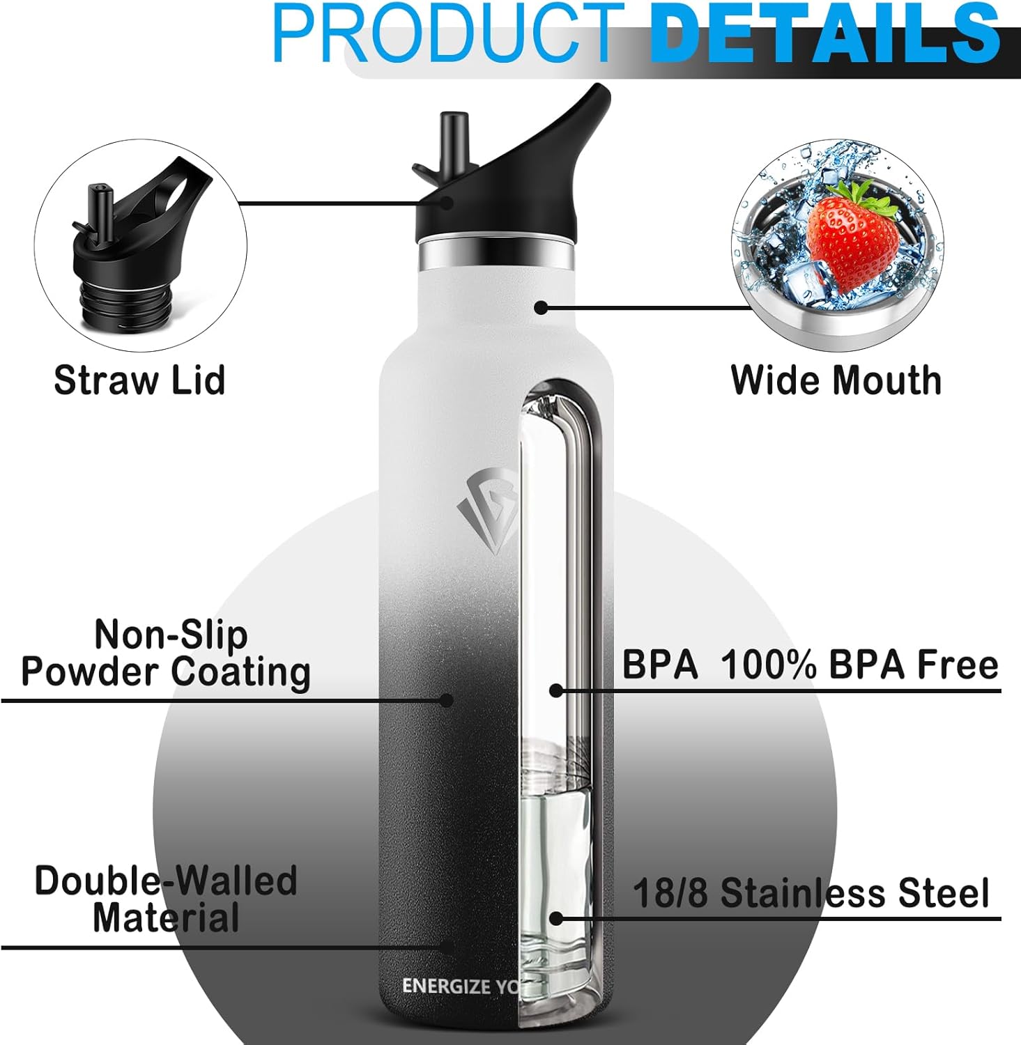 Grsta Water Bottle - 1 Litre - Sports Water Bottle, Stainless Steel Leak-Proof, Drinking Bottle with Straw, Thermos Flask, BPA-Free, Water Bottle for Sports, Fitness,