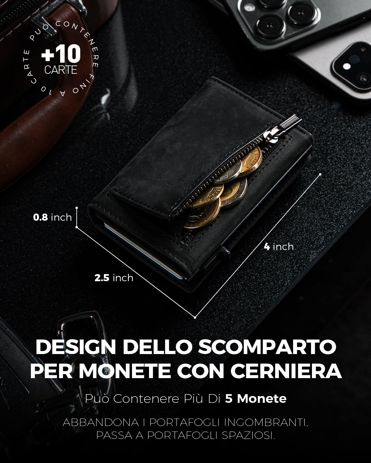DODENSHA Portafoglio Airtag con Portamonete | Slim Portafoglio 10+ Carte | Protezione RFID | Porta Carte di Credito Uomo | Portafoglio Uomo Piccolo | Moero Portafoglio | Senza AIRTAG | Cavallino Nero