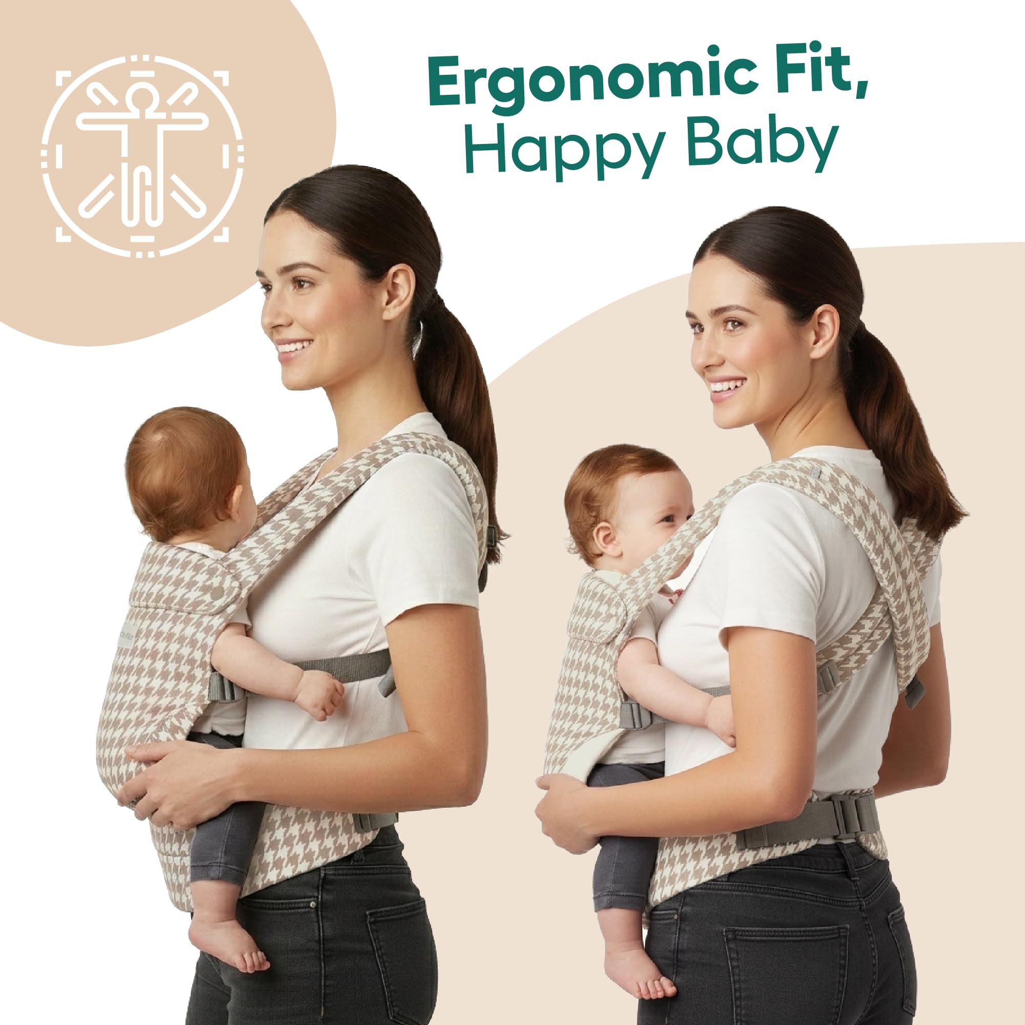 Baby Carrier - Forward & Back Facing Multi Position, 3 Months Plus Babies & Toddlers, Ergonomic & Supportive Waist Design, Adjustable Straps, Supports 7–44 lbs (3.2–20 kg) - Cream Dogtooth — view 5