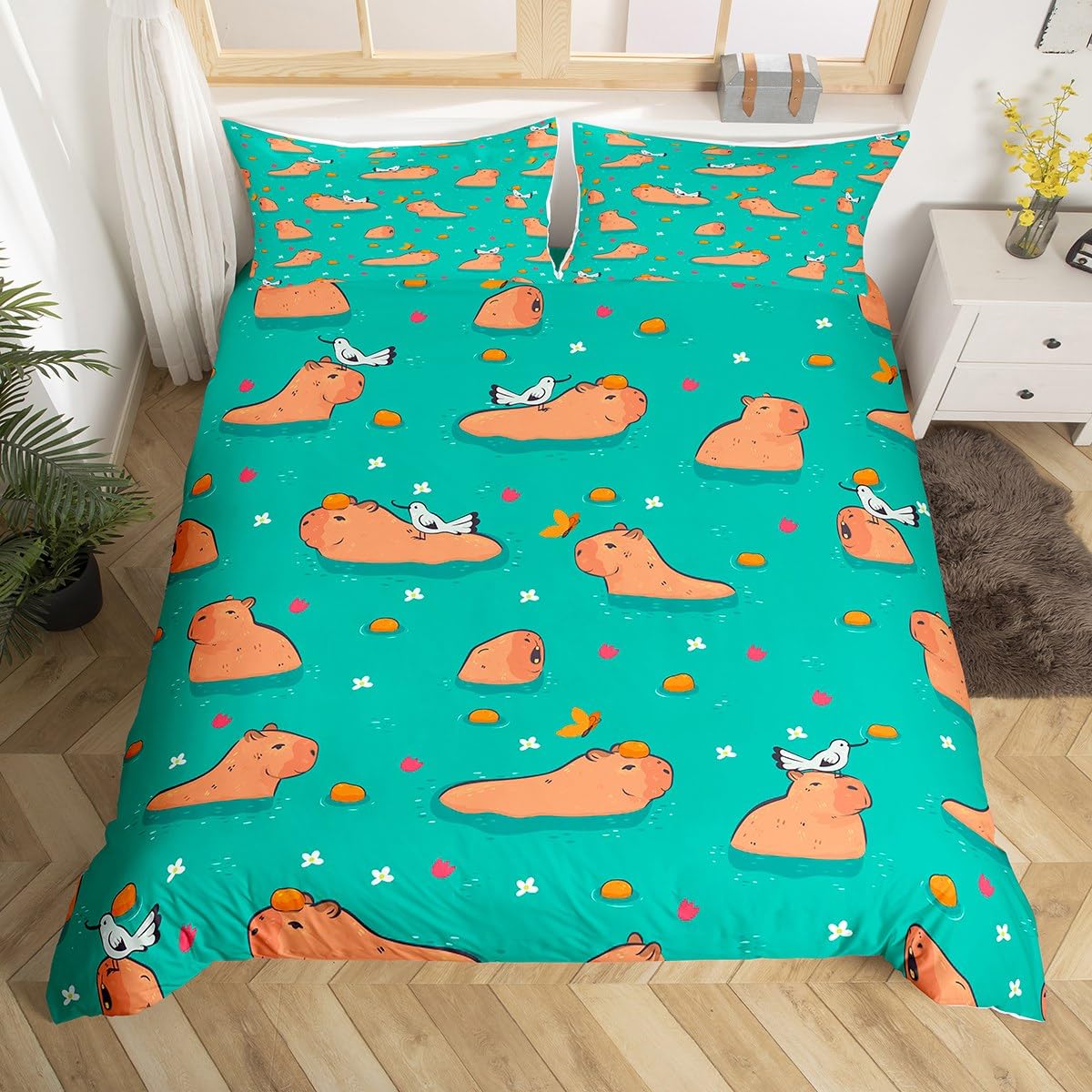Homemissing Boys Multicolored 13223 Brown Capybara Comforter Cover Brown Capybara Duvet Coverwild Animal Duvet Cover For Kids Girls Capybara Animal Bedspread Cover Swimming Capybara Decor Breathable Bedclothes Single