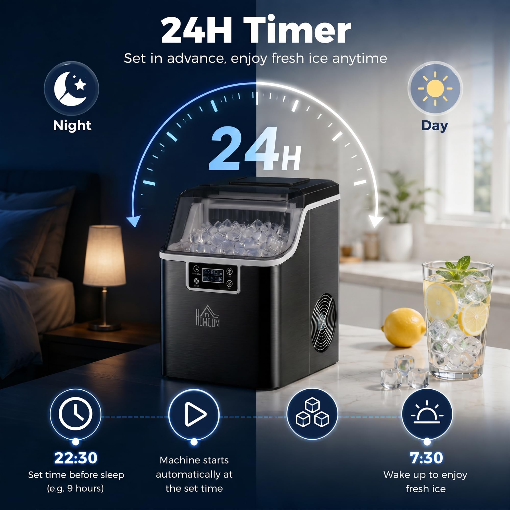 HOMCOM Máquina para hacer hielo 20 kg/24h 2.3 L Máquina para hacer cubitos de hielo con 3,2 L Depósito de agua Display Ice Cube Maker Machine - Máquina expendedora de hielo Autolimpieza Negro 25,2 x