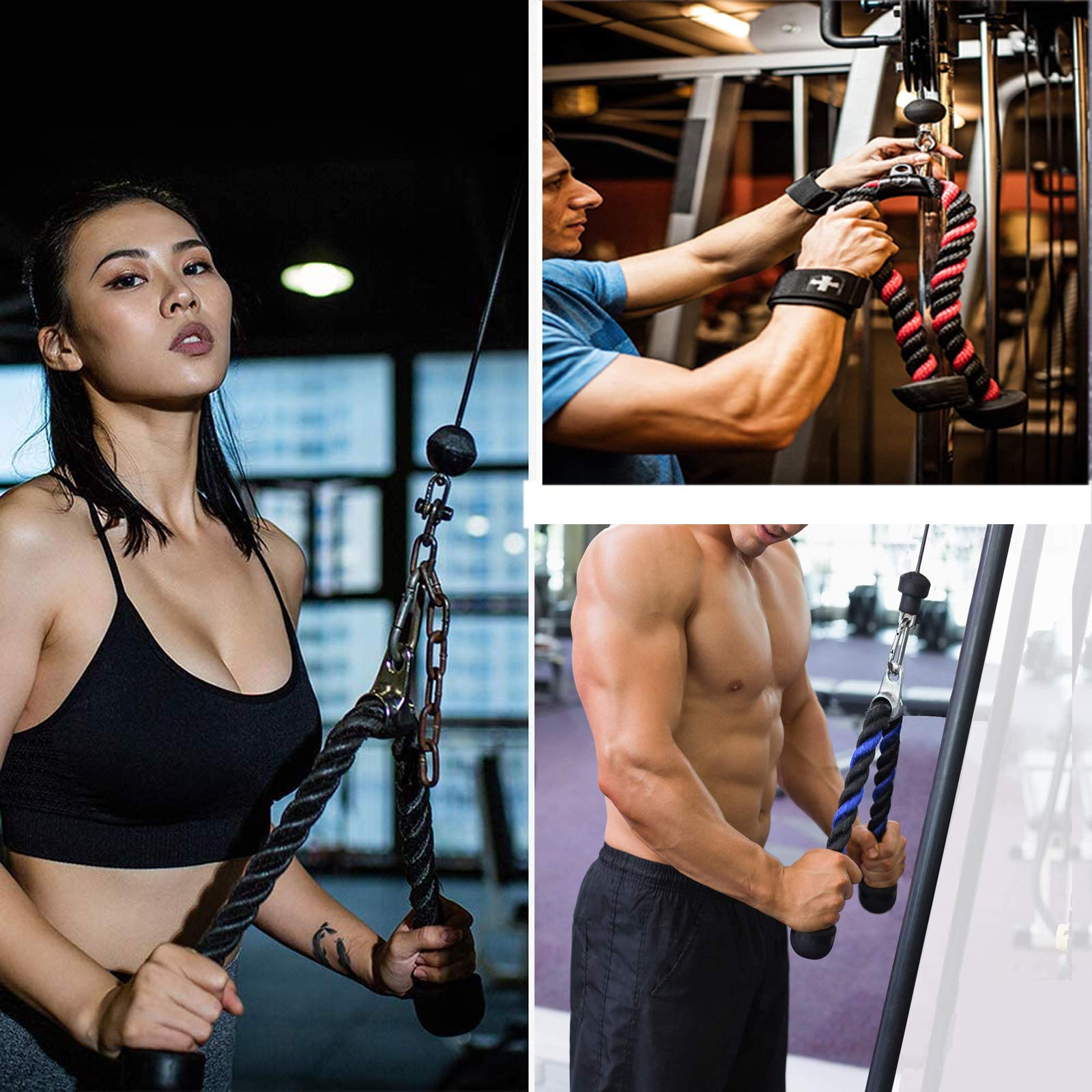 Nylonowa lina tricepsów, skręcana lina do bicepsów, tricepsów, z antypoślizgowymi uchwytami, do studia fitness, pomoc treningowa, uchwyt kablowy do bicepsów, tricepsów (czerwona, 70 cm)