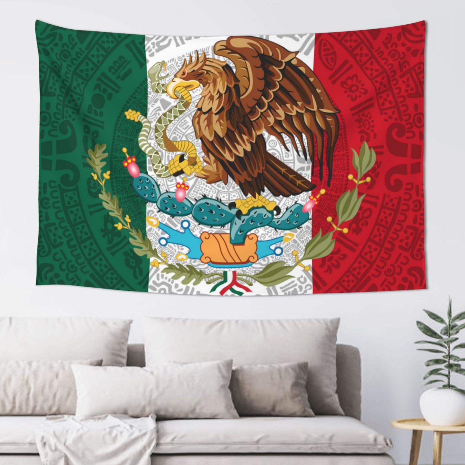 JUHIOPOI Mexico Flag Tapestry Wall Hanging, Mexican Hippie Art Wall Decoration For Bedroom & Living Room (Mayan Aztec Totems Tribal Symbols 60x40in)