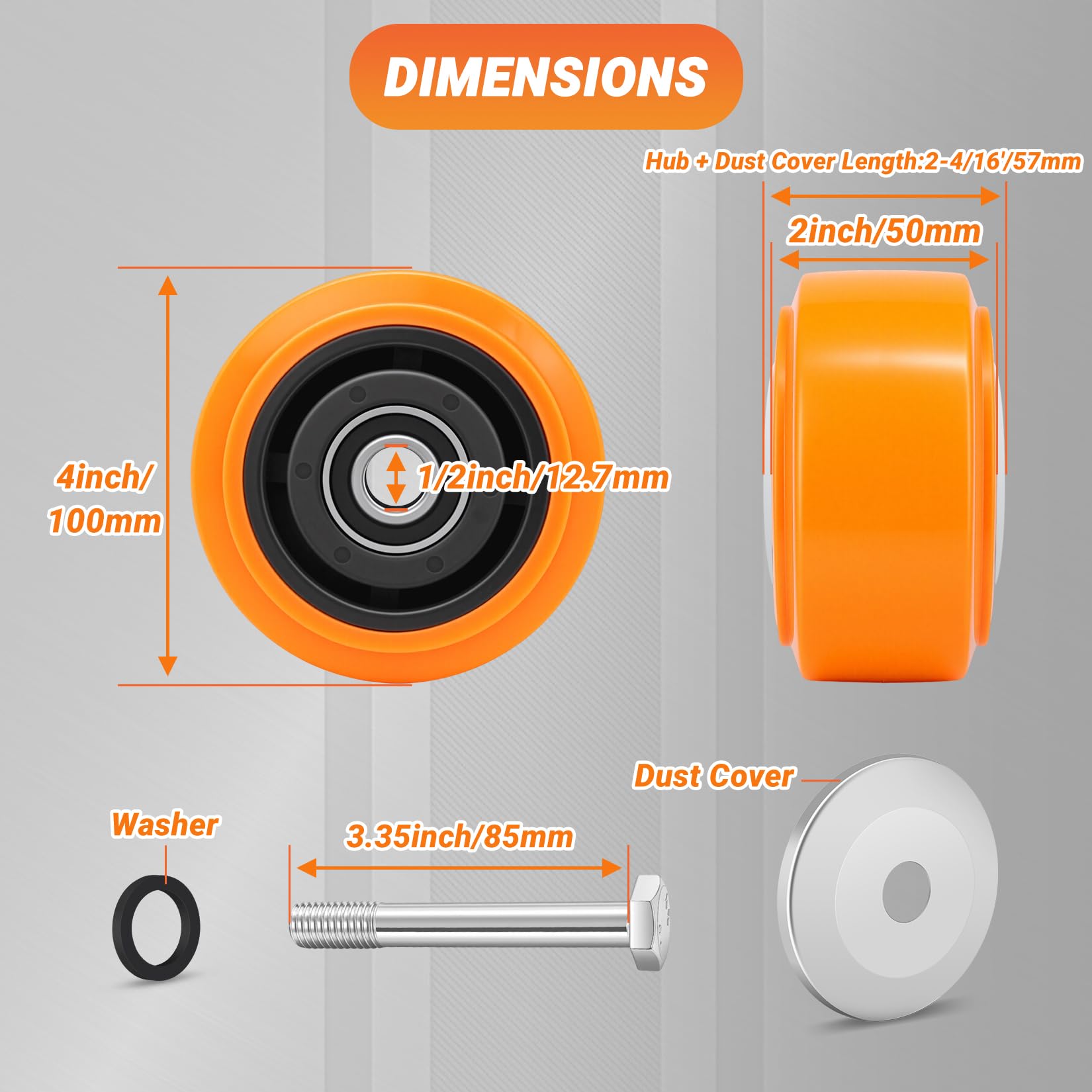 Roues de Rechange 100x50 mm (4" x 2") pour Roulette Charge Lourde, Polyuréthane, Double Roulement, Capacité 1100 kg, Alésage 12,7 mm Pare-poussière inclus pour Établi, Machines, Lot de 4
