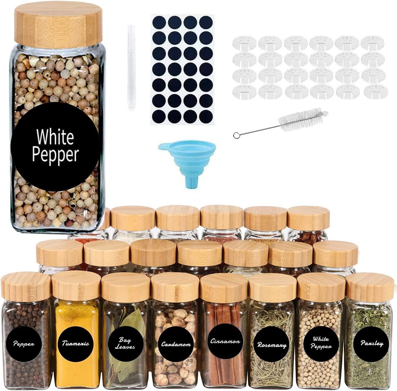 24 Spice Jars with Labels, 4 oz Glass Spice Jars with Bamboo Lids