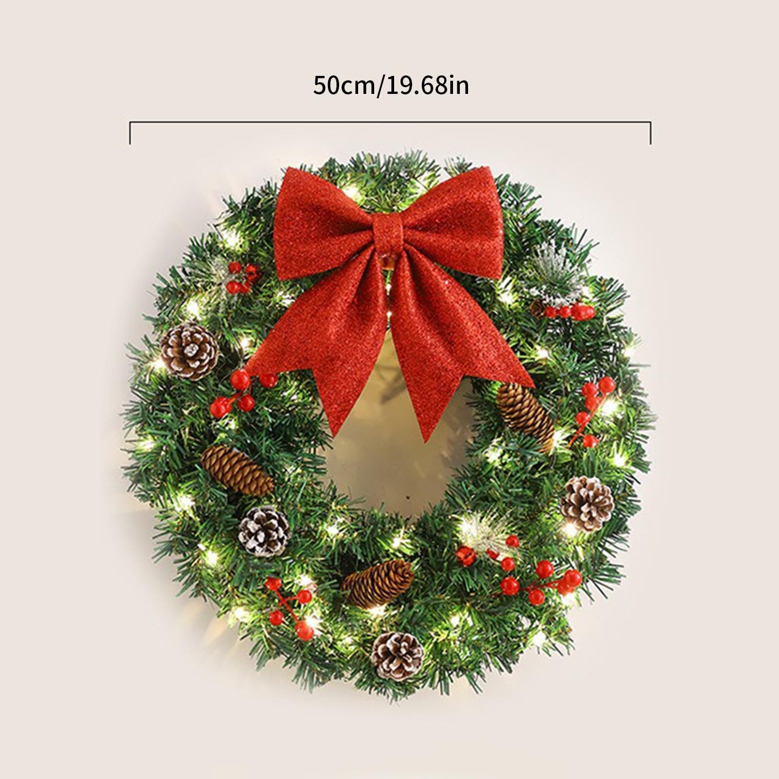 Couronne de Noël artificielle pré-éclairée avec nœud papillon rouge - Couronne d'hiver lumineuse - Couronne de porte de Noël de 50 cm - Fournitures de fête pour porte, mur, cheminée, décoration de