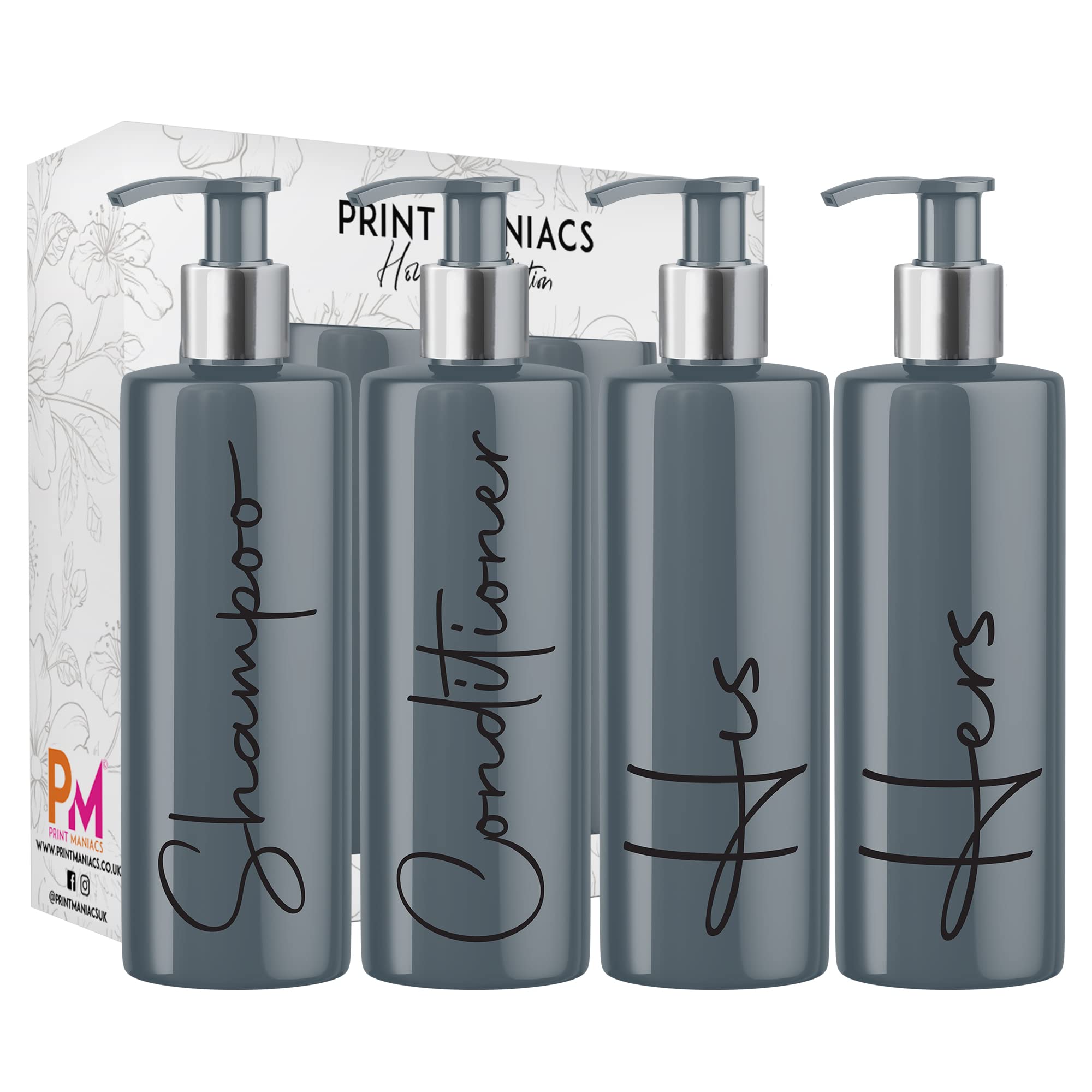 Print Maniacs Grey Mrs Hinch Inspired Personalised 500ml Pump Bottles Bathroom Lotion Kitchen Set Shampoo Conditioner Body Wash F2 (Black, Shamp,Cond, His, Hers)