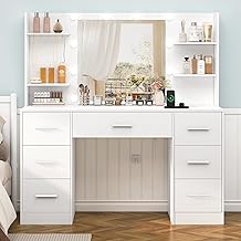 TEENFON Toilettes de maquillage avec lumières et prises à LED réglables, coiffeuse avec grand miroir, table de maquillage avec 7 tiroirs, 4 étagères ouvertes et 5 crochets pour bijoux pour chambre à