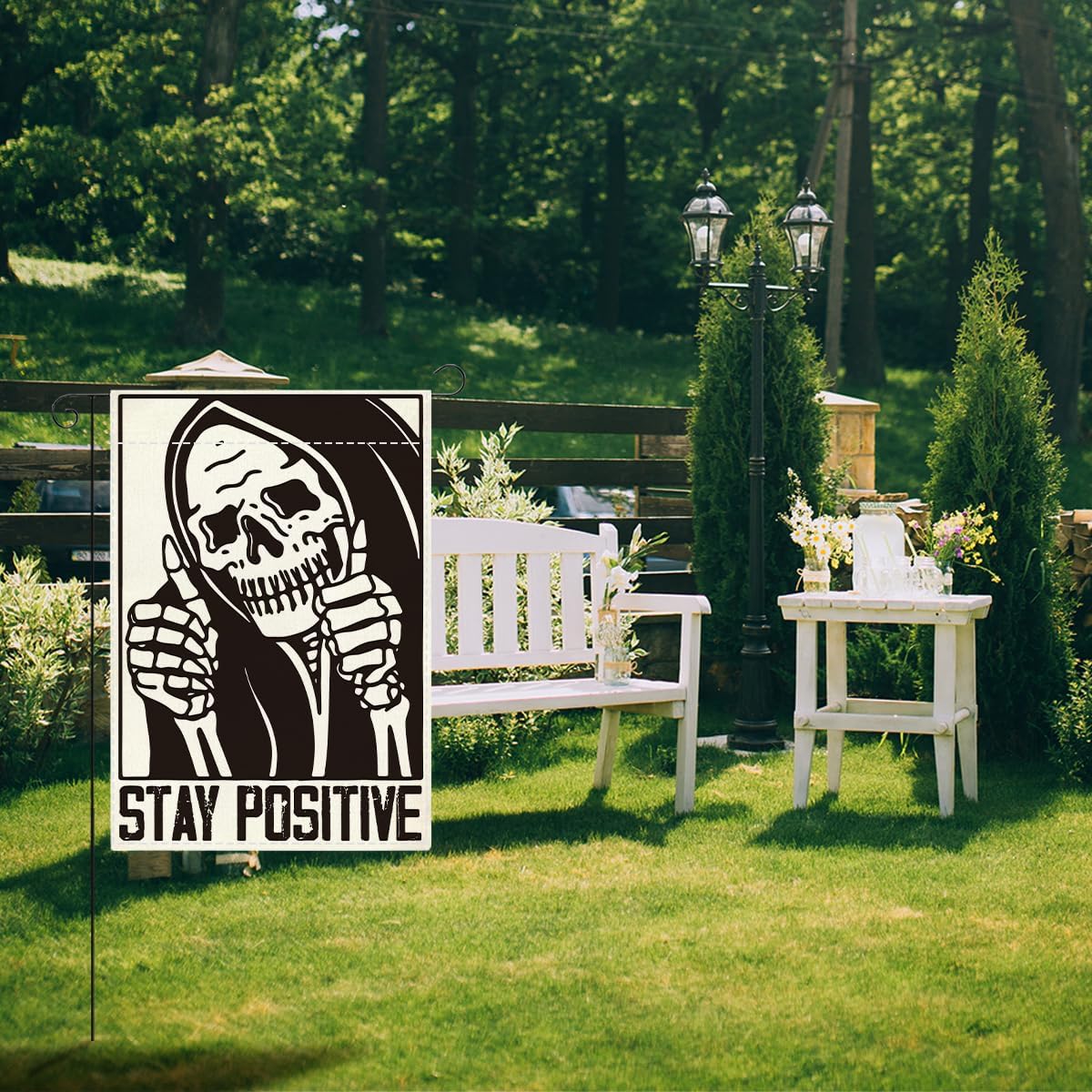 Funny Halloween Garden Flag for Outside 12 x18 Double Sided - Stay Positive Skeleton Skull Garden Flag Halloween Decoration for Yard Outdoor - Image 6