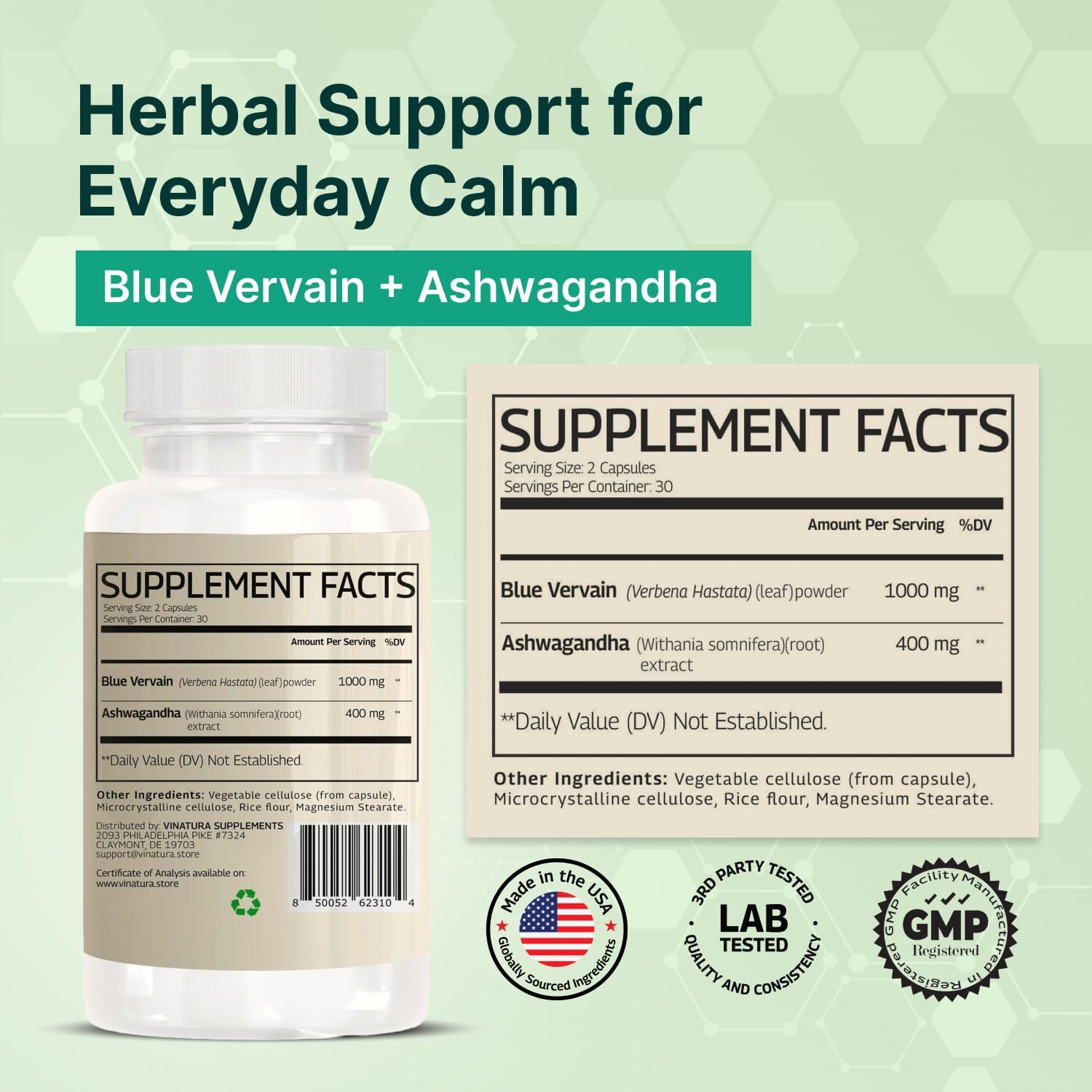 VINATURA Blue Vervain Advanced with Ashwagandha - 1400mg per serv, Blue Vervain Capsules, Blue Vervain Tea Alternative, Brain Health, Stress Relief, Ashwagandha Supplements - 60 Capsules