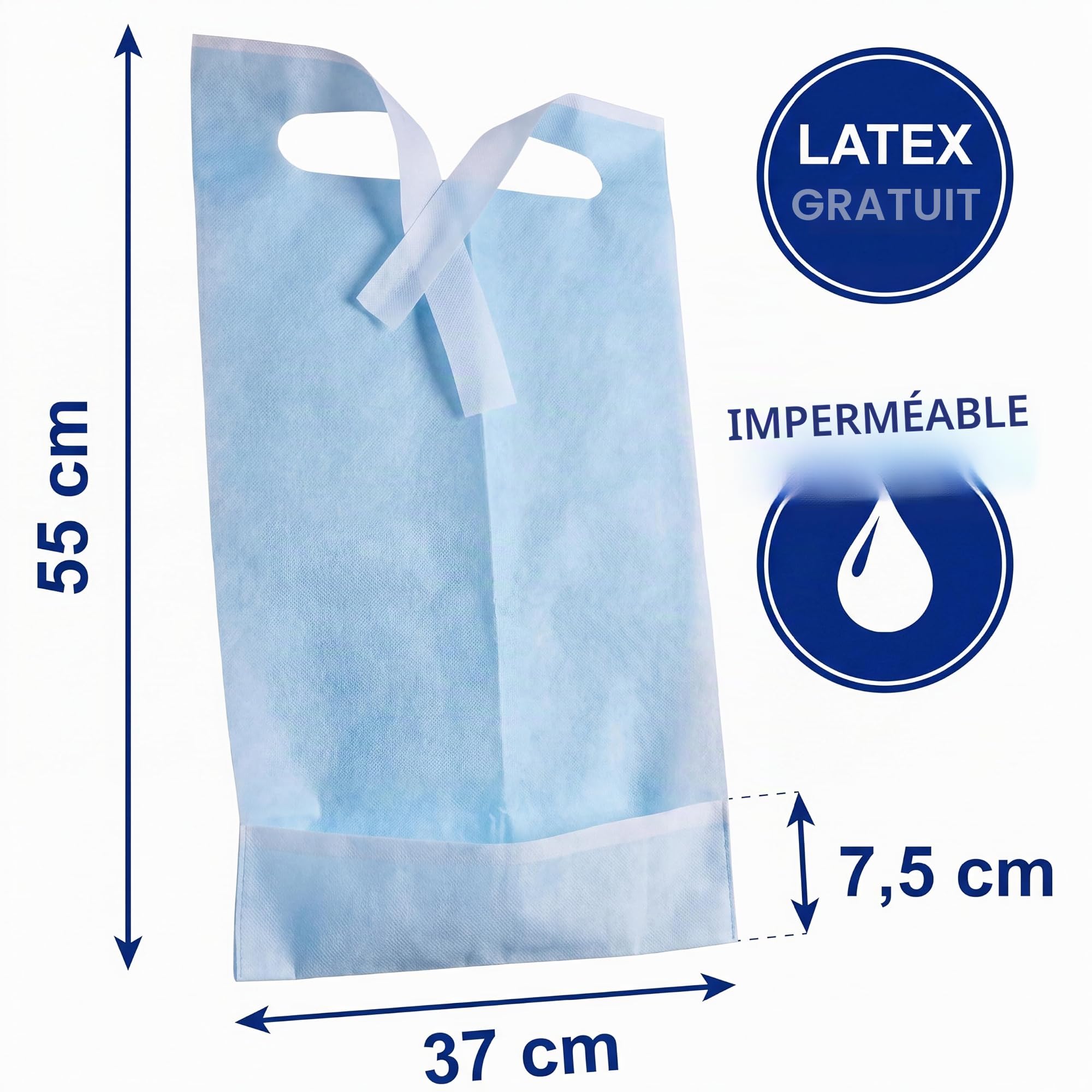 KMINA Bavoirs Jetables Bleus pour Adulte (100 Unités) 37 x 55 cm avec Poche Col Ouvert avec Liens Imperméables et Absorbants Taille Unique Sans Latex
