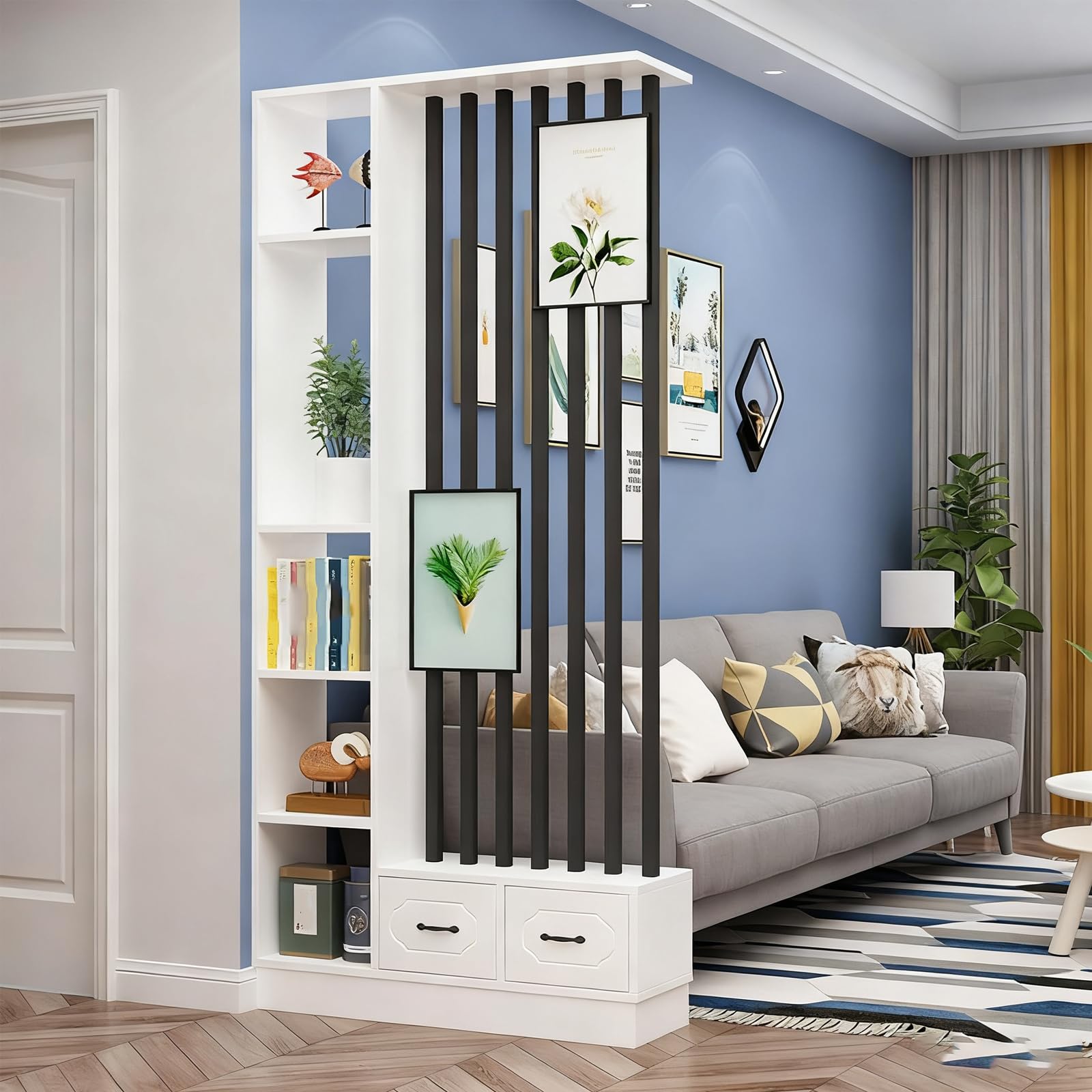 Divisorio per ambienti in legno schermo privacy contenitore con cassetti | Libreria aperta autoportante in legno a griglia, ripiani aperti multilivello(White+Black,100CM/39.4IN)