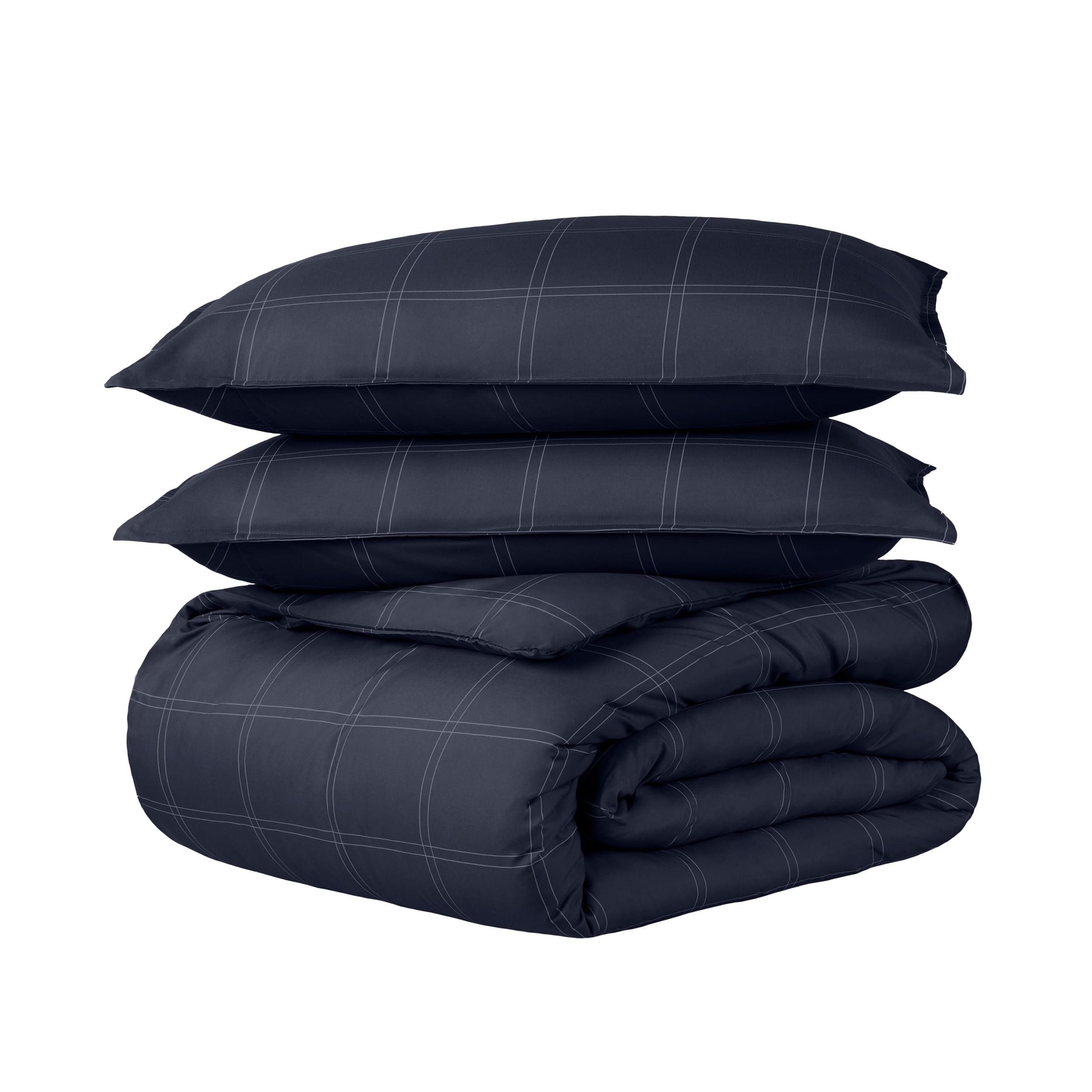 Bare Home Premium 1800 Super Soft Duvet Cover - Full Size, Lightweight, Soft Breathable Bedding, Modern Plaid Midnight Blue/White — image 1
