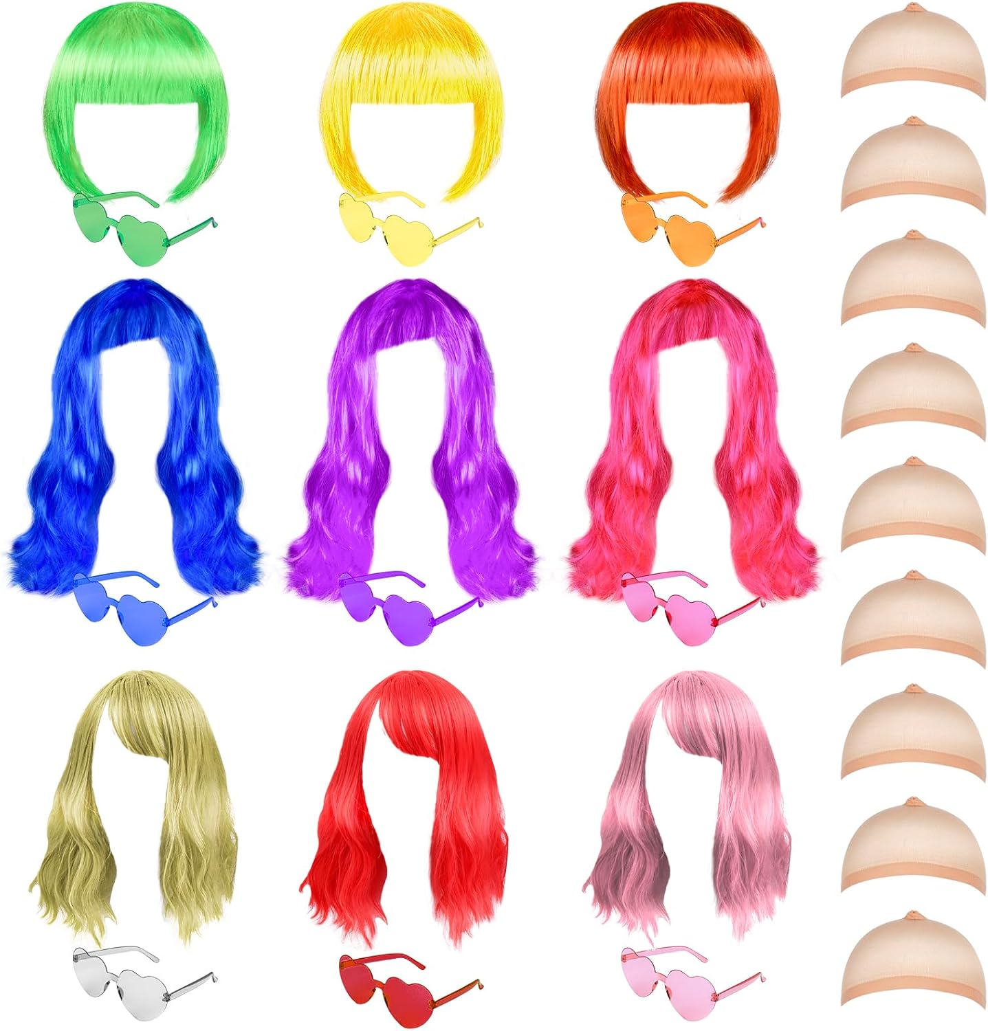27 Pieces Colored Wigs Funky Neon Colorful Wigs with Heart Shape Sunglasses and Wig Cap for Women Cosplay
