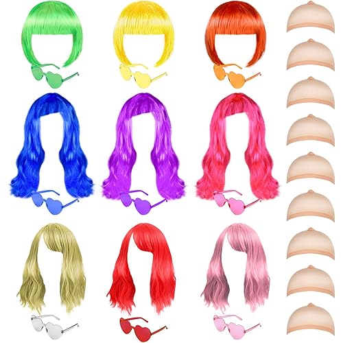 27 Pieces Colored Wigs Funky Neon Colorful Wigs with Heart Shape Sunglasses and Wig Cap for Women Cosplay