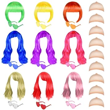 27 Pieces Colored Wigs Funky Colorful Wigs Three Styles Neon Party Wigs with Heart Shape Sunglasses and Wig Cap for Women Cosplay Bachelorette Party,Halloween