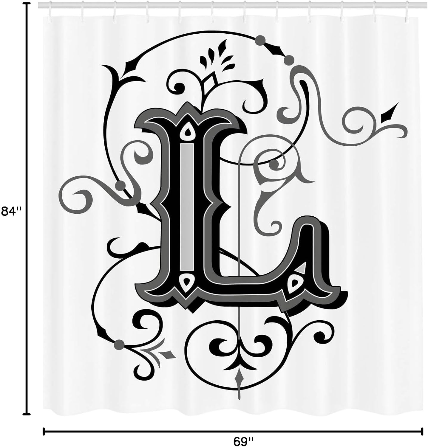 Ambesonne Letter L Shower Curtain, Ornated Capital L Calligraphy Initials Alphabet Family Name Medieval Culture, Cloth Fabric Bathroom Decor Set with Hooks, 69" W x 84" L, Black Grey White