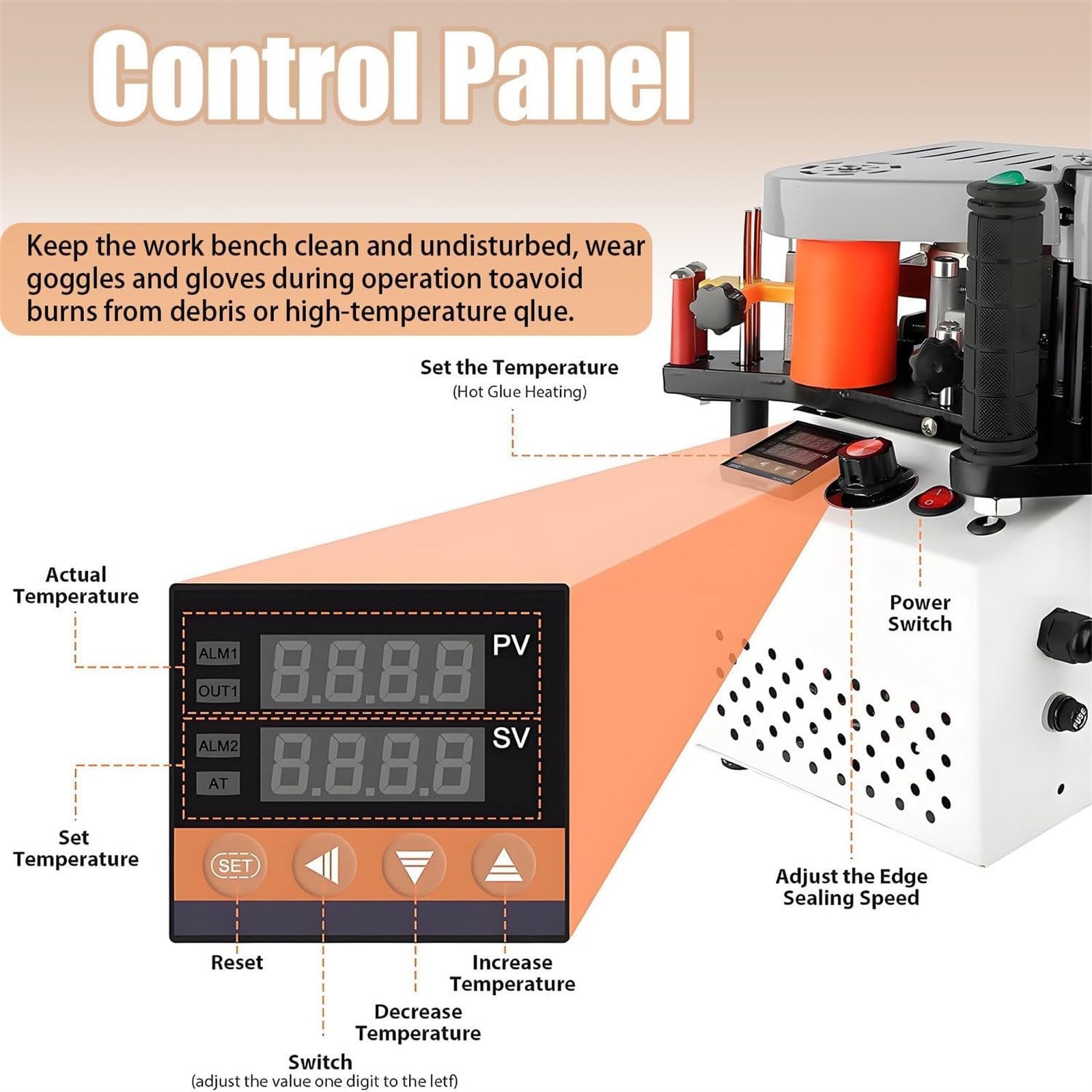 Przenośna okleiniarka krawędzi, okleiniarka do krawędzi drewnianych, okleiniarka do krawędzi prostych, okleiniarka do krawędzi dwustronnego klejenia, regulowana prędkość 5 m/min