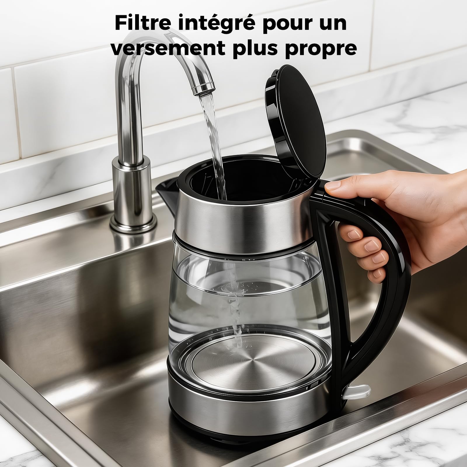 Bouilloire Électrique en Verre 1,7L 2200W avec LED Bleue et Filtre Anticalcaire