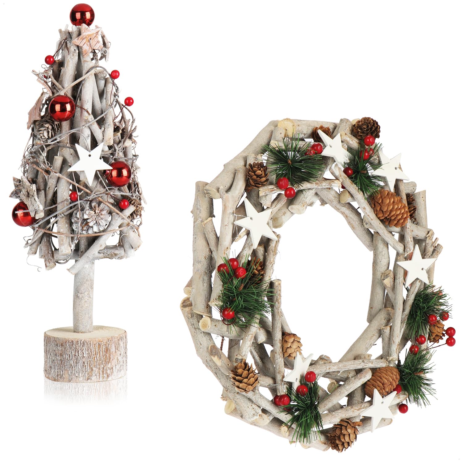com-four® 2-teiliges Set Tischkranz Ø 28 cm & Deko-Weihnachtsbaum 40 cm | Adventskranz aus Naturzweigen mit Sternen und künstlicher Baum - Weihnachtsdeko für Tisch & Innenbereich