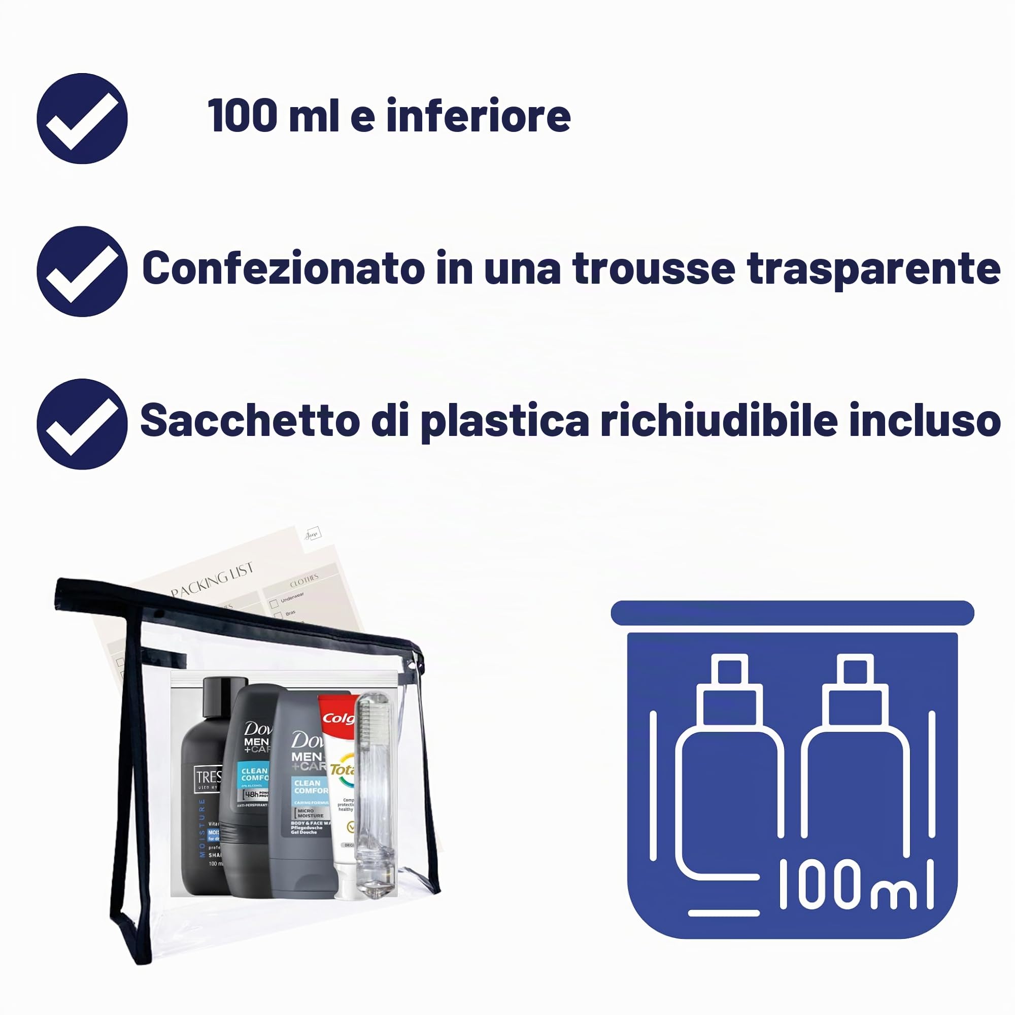 Mini set da toeletta da viaggio per uomo,Kit da viaggio essenziale da toilette per viaggi, ospedale, soggiorno notturno, Trasparente, Borsa da toilette da viaggio