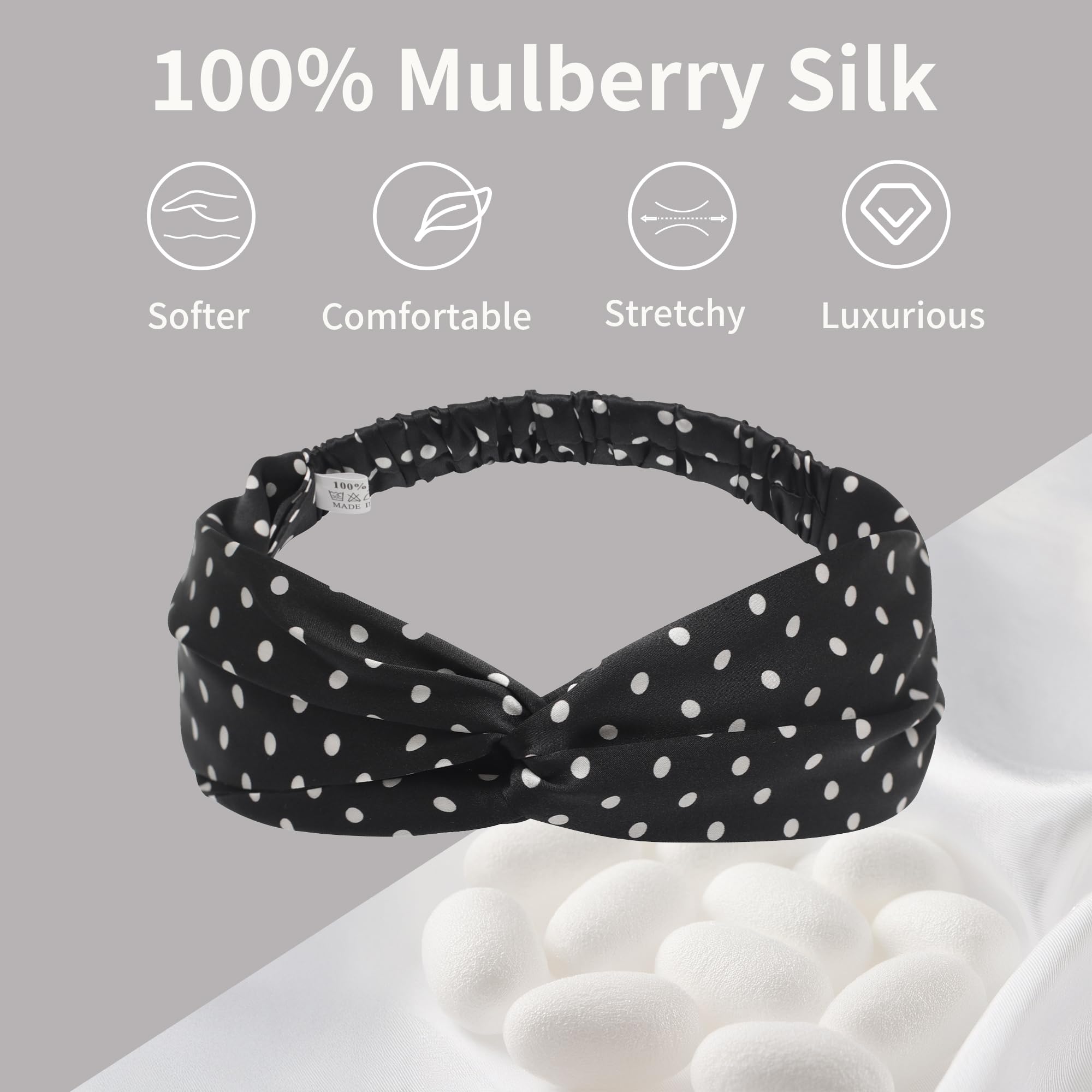 ZLYC Mulberry Pilk Headband Elastic Twist Knotted Head Bands for Women's Hair(Polka Dots Black),One Size - Image 2