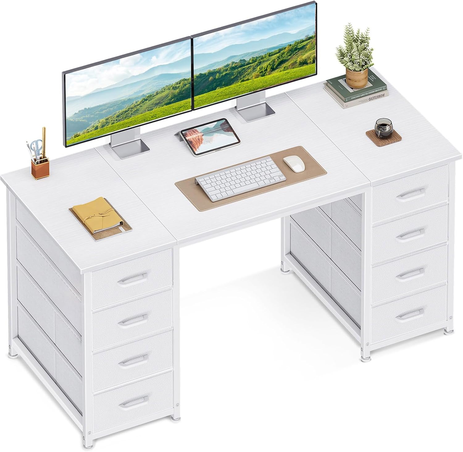 Coleshome Scrivania con 8 Cassetti in Tessuto, 120x48cm Scrivania per Computer, Scrivania Salvaspazio Tavolo Ufficio per Studio, Camera da Letto, Bianco
