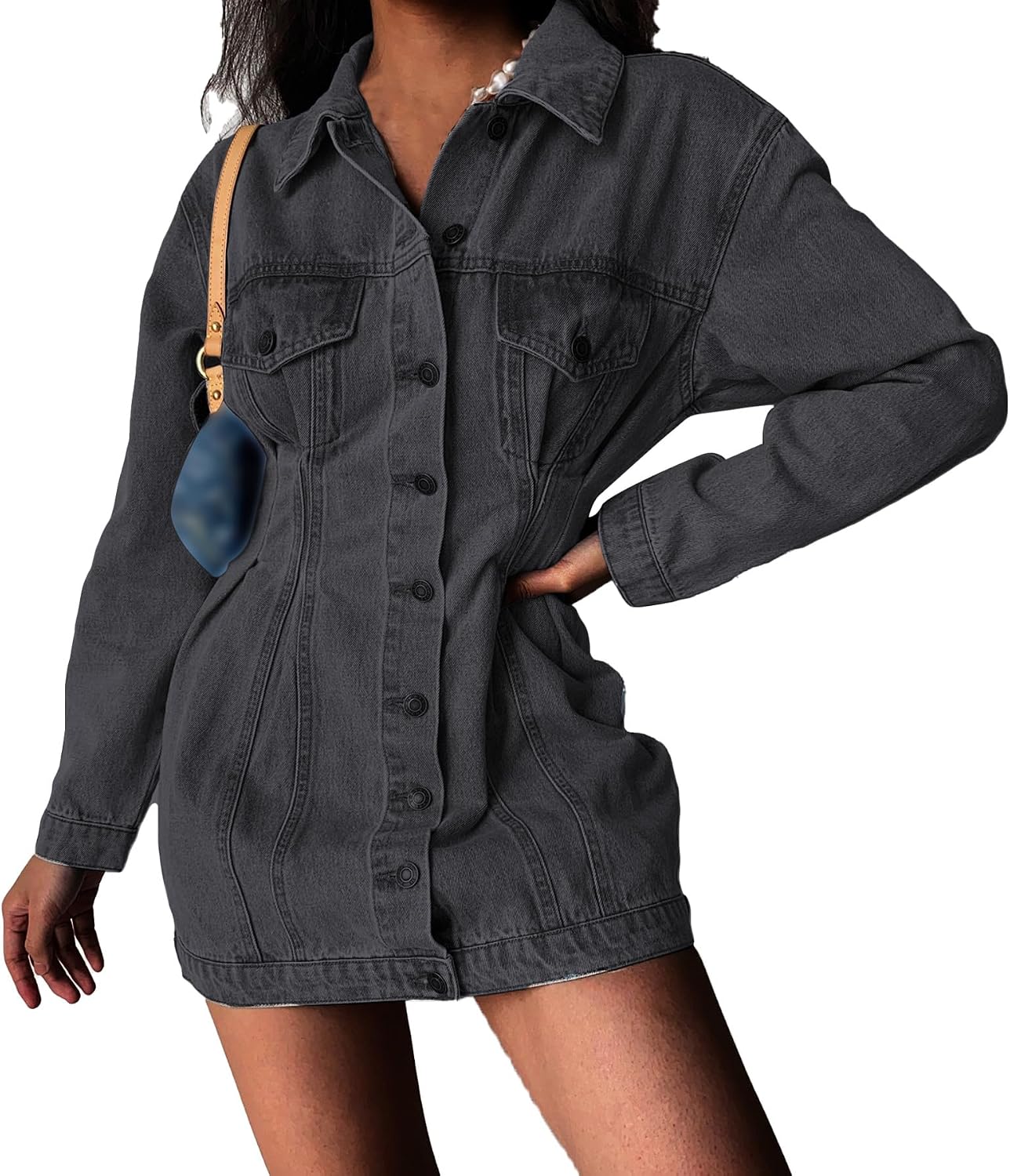 Tbahhir Women's Mini Dresses Denim Bodycon Long Sleeve Button Down V Neck Jean Dress with Pockets