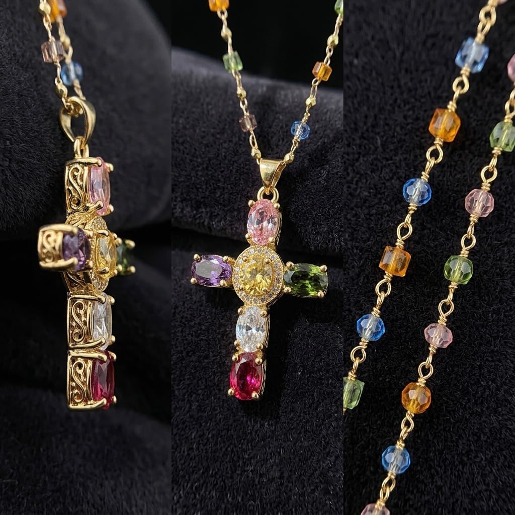 Rainbow Cross Pendant Necklace, Multi-colored Sparkling Crystal Beaded Choker, Retro Gold Tone Statement Jewelry for Women, Trendy Party Banquet Accessory