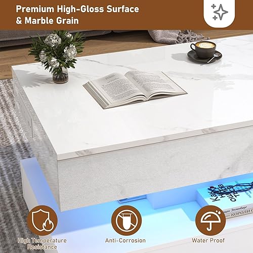 Miniatura 3 de Mesa auxiliar grande de 39.4 pulgadas con estación de carga, mesa central LED moderna de alto brillo con almacenamiento de compartimento oculto,