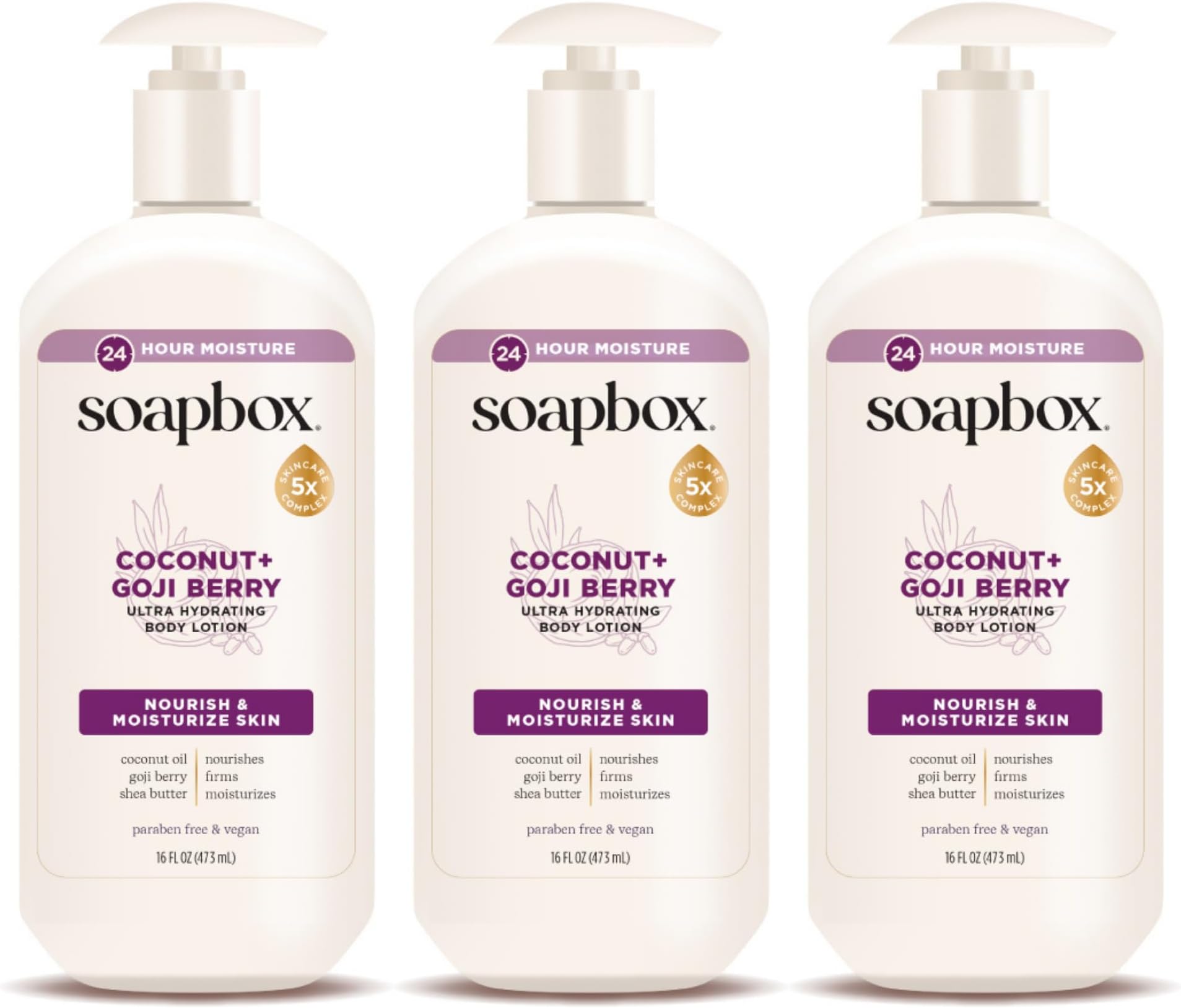 Soapbox Coconut & Goji Berry Body Lotion, Skin Feels Smooth & Firm - Clean Ingredients Free of Harsh Chemicals, Sulfates, Parabens & Silicones - Lightweight Moisturizing Lotion for Dry Skin, 3 Pack