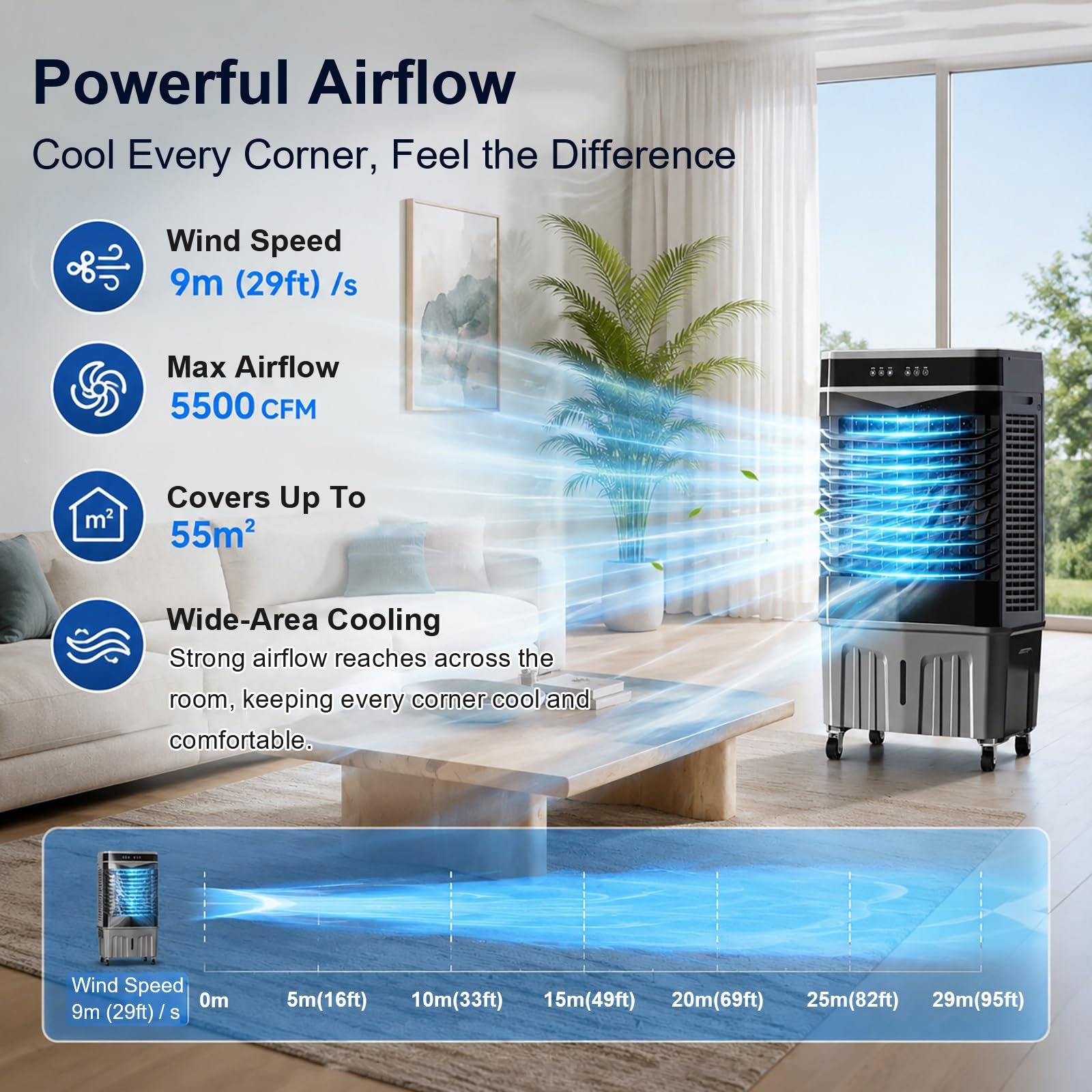 Climatizador Evaporativo Industrial 5500 CFM, Aire Portatil Acondicionado con Depósito de Agua de 60 L, 4 Paquetes Hielo, Control Remoto y Temporizador 8 Horas, Apto para Uso Comercial