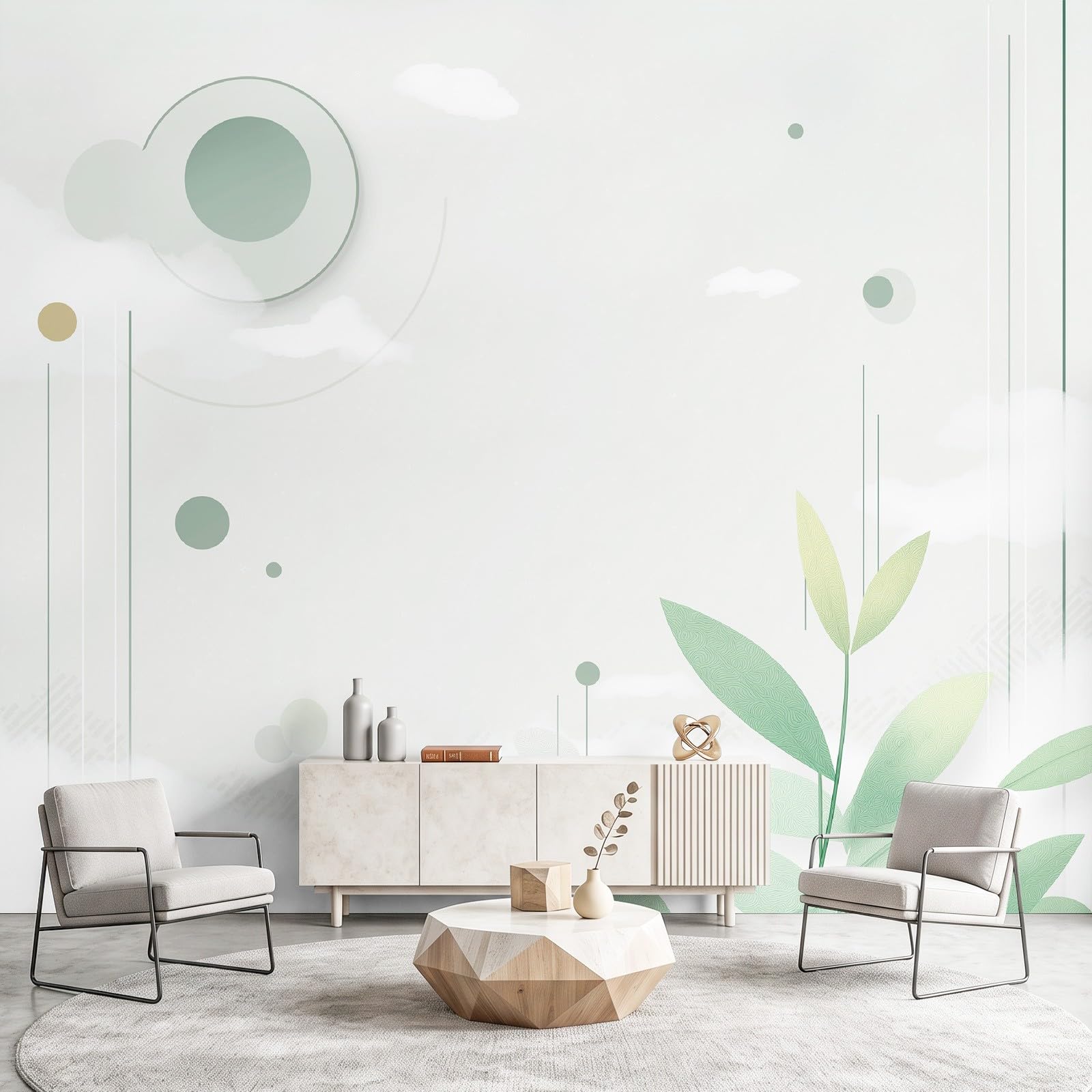 Tapeta minimalistyczna, włóknina, murale ścienne, chmura, szałwia, zieleń, botaniczna, do biura, salonu, sypialni, dekoracja, plakat, obraz, jasnozielony, fototapeta, 200 x 140 cm, dekoracja domu
