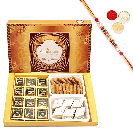 Ghasitaram Gifts Rakhi Gifts for Brothers Rakhi Sweets - Big Box of 12 Pcs Assorted Chocolates, Kaju Katli and Methi Mathi with Pearl Beads Rakhi