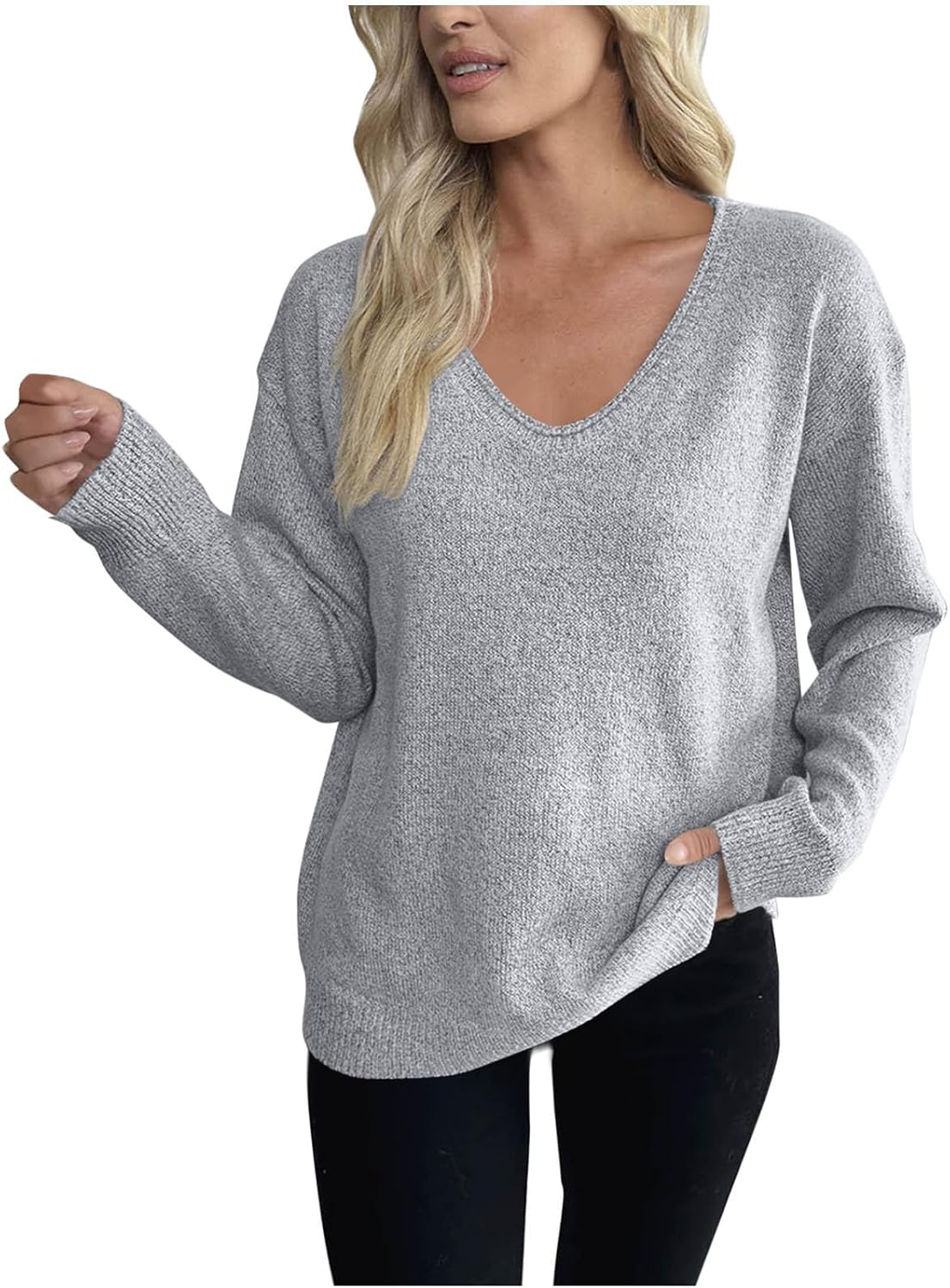 Women's Classic V-Neck Knit Pullover Sweater - Soft Long Sleeve Casual Top, Versatile Solid Color Relaxed Outfits