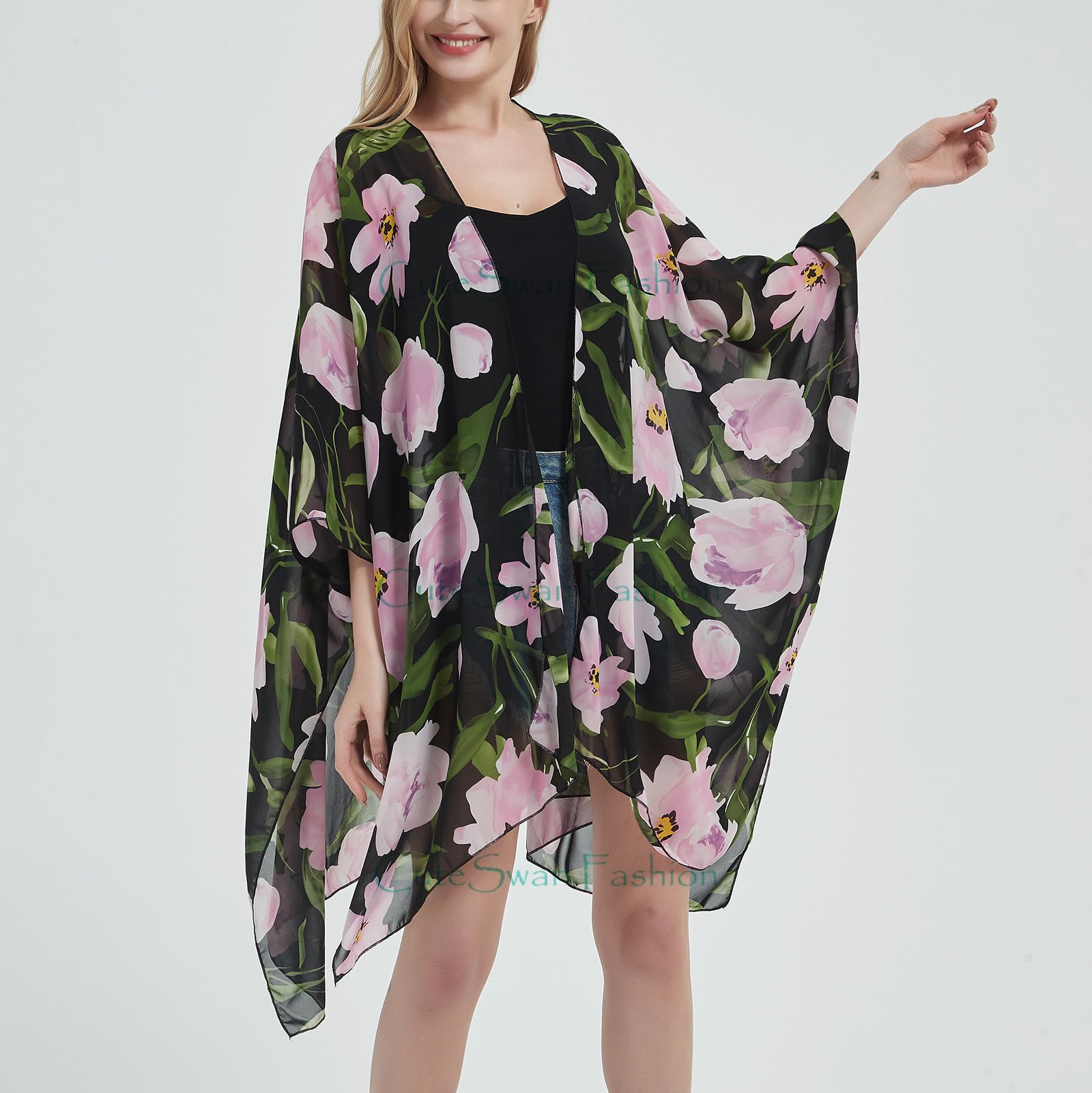 Cardigan kimono en mousseline de soie à imprimé floral pour femme, cardigan ample décontracté long bohème transparent