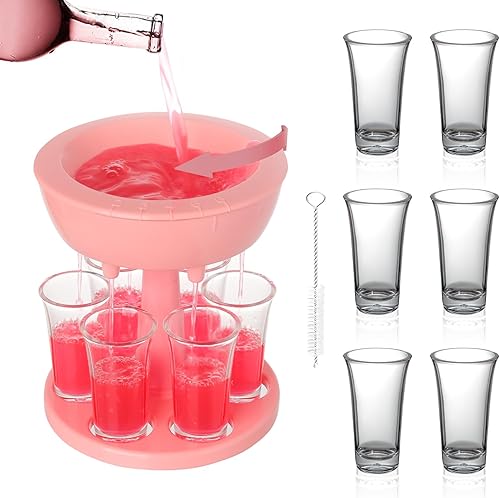 ADOTBLOB Dispensador y soporte de vidrio para 6 chupitos, dispensador de chupitos con 6 tazas de vasos de chupito de 2 onzas, dispensador múltiple