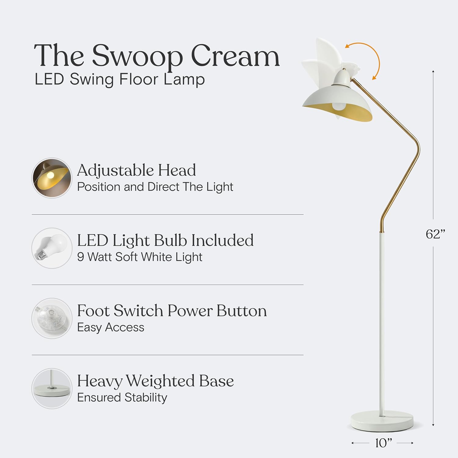 Brightech Swoop LED Floor Lampwith Adjustable Head, Modern Floor Reading Lamp for Over Chair, Living Rooms & Offices, Standing Lamp with Heavy Base for Bedrooms, Stunning Living Room Decor - Cream