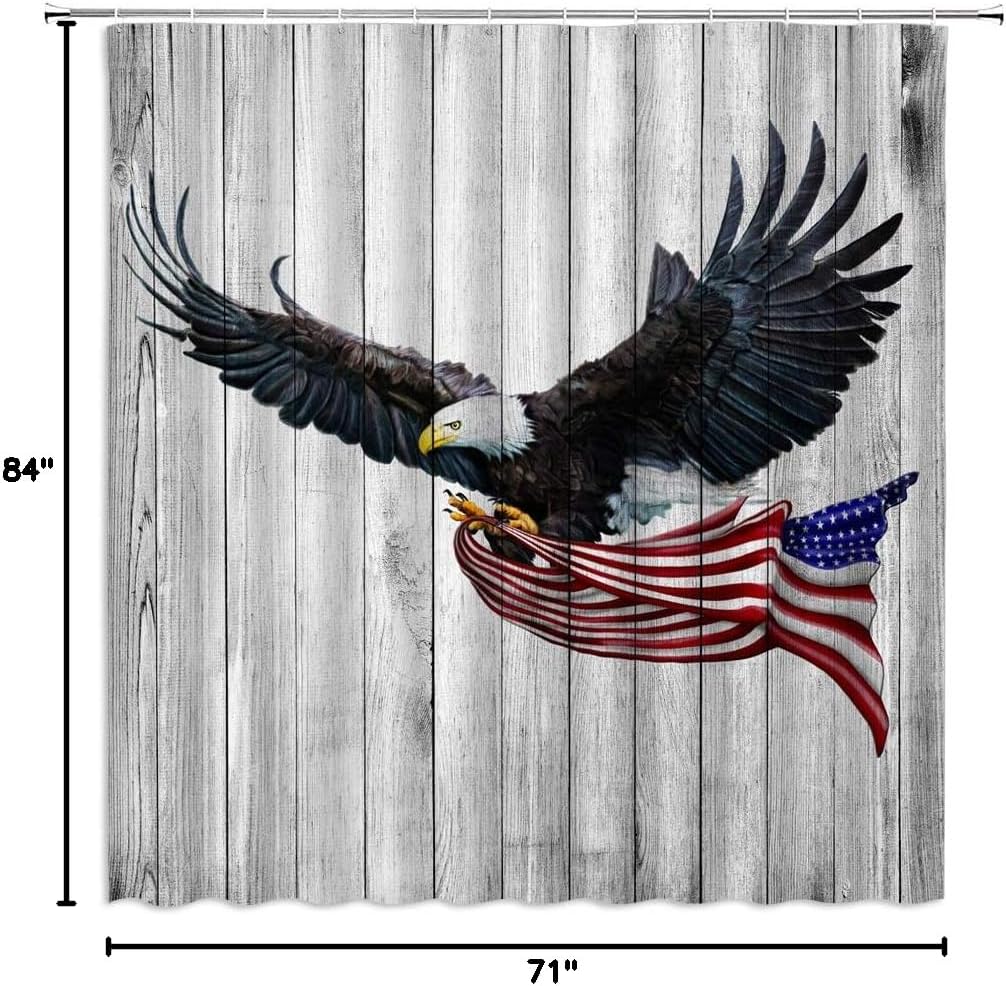 4th July Shower Curtain Bald Eagle American Flag Patriotic Independence Day Rustic Wooden Bathroom Decor Polyester Curtains with Hooks